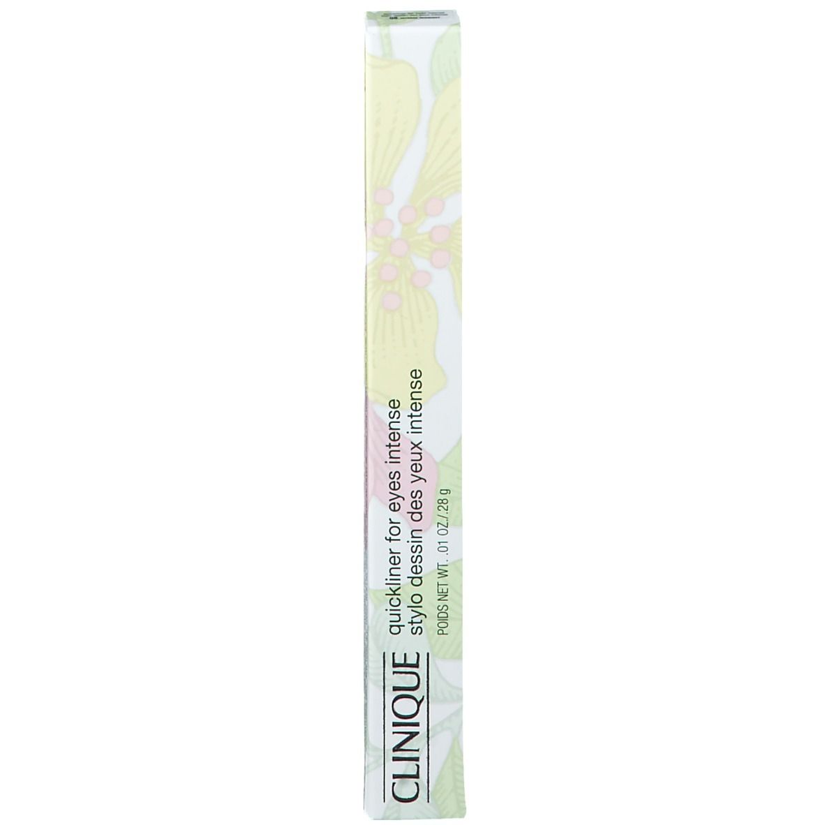 Emballage pour crayon eyeliner. Blanc avec motif vert. Texte: CLINIQUE Quickliner for Eyes Intense, stylo dessin des yeux intense.