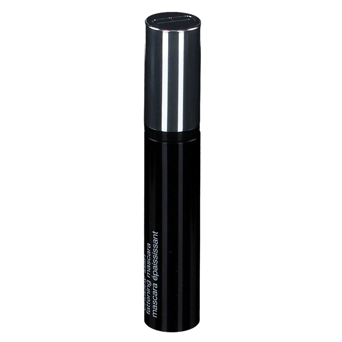 Tube de mascara noir avec bouchon argenté. Inscription: fattening mascara mascara épaississant.