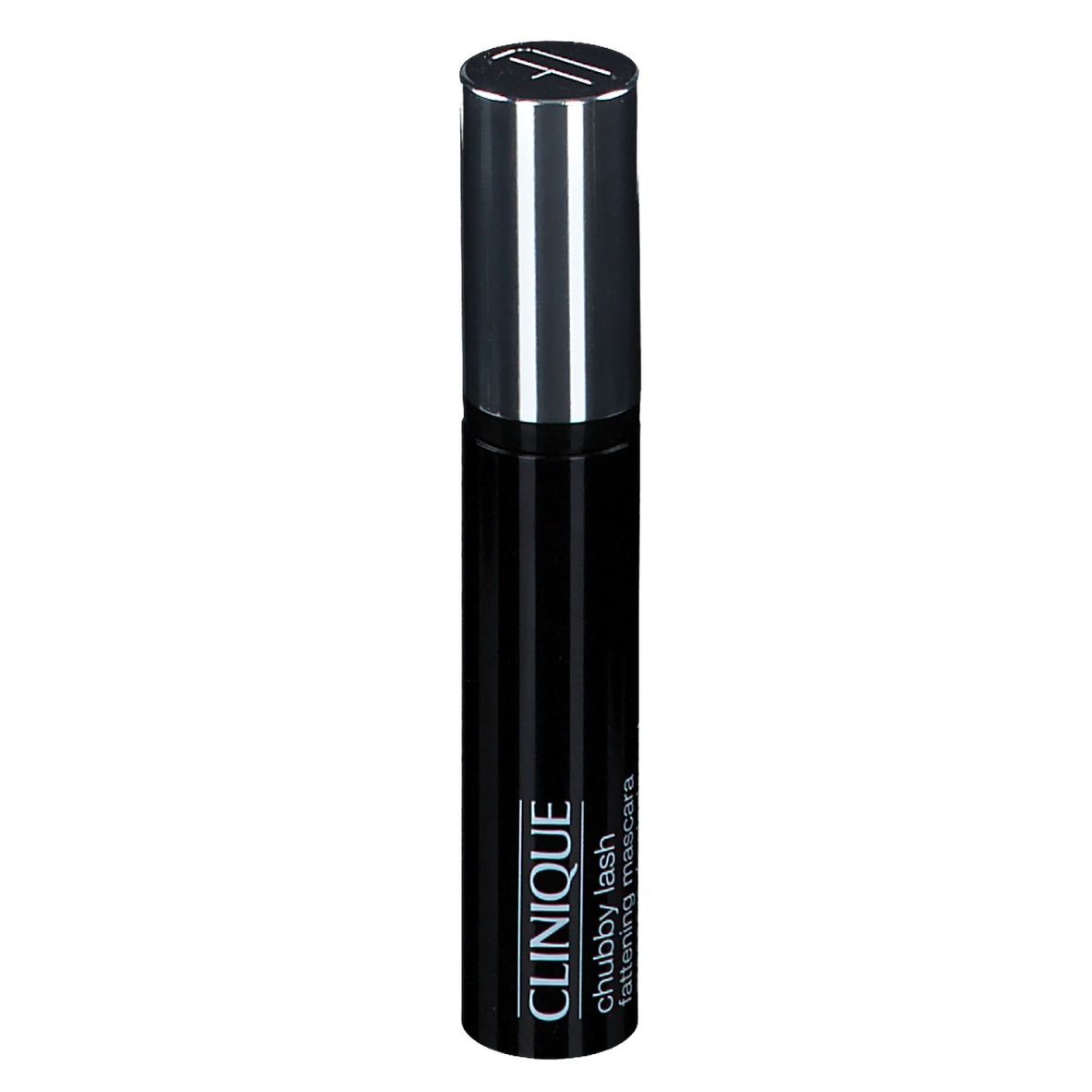 Tube de mascara noir avec bouchon argenté. Inscription: CLINIQUE chubby lash fattening mascara.
