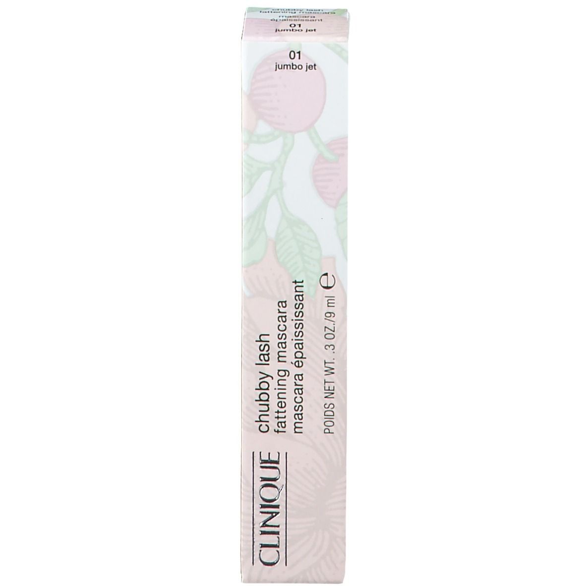 Emballage de mascara. Rose, blanc, avec texte et illustration. Inscription: CLINIQUE chubby lash fattening mascara.