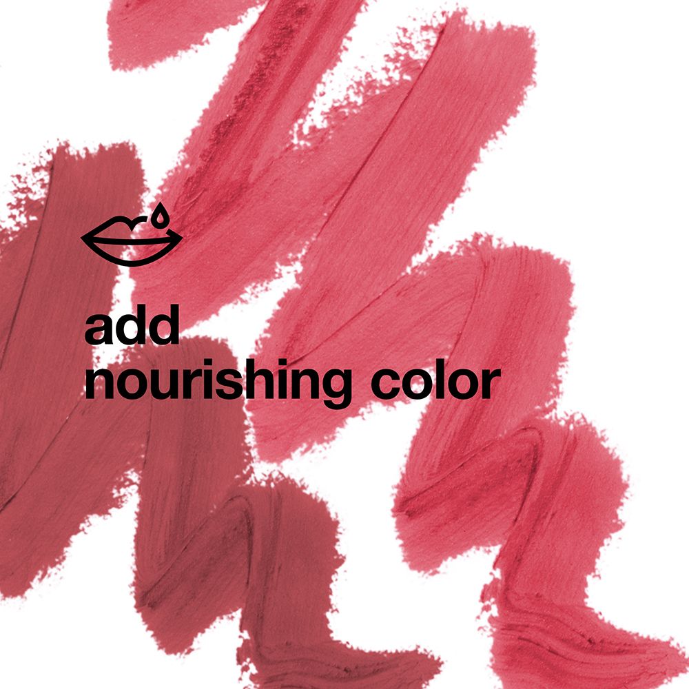 Texte 'add nourishing color' et symbole de lèvres. Nuances de rose.