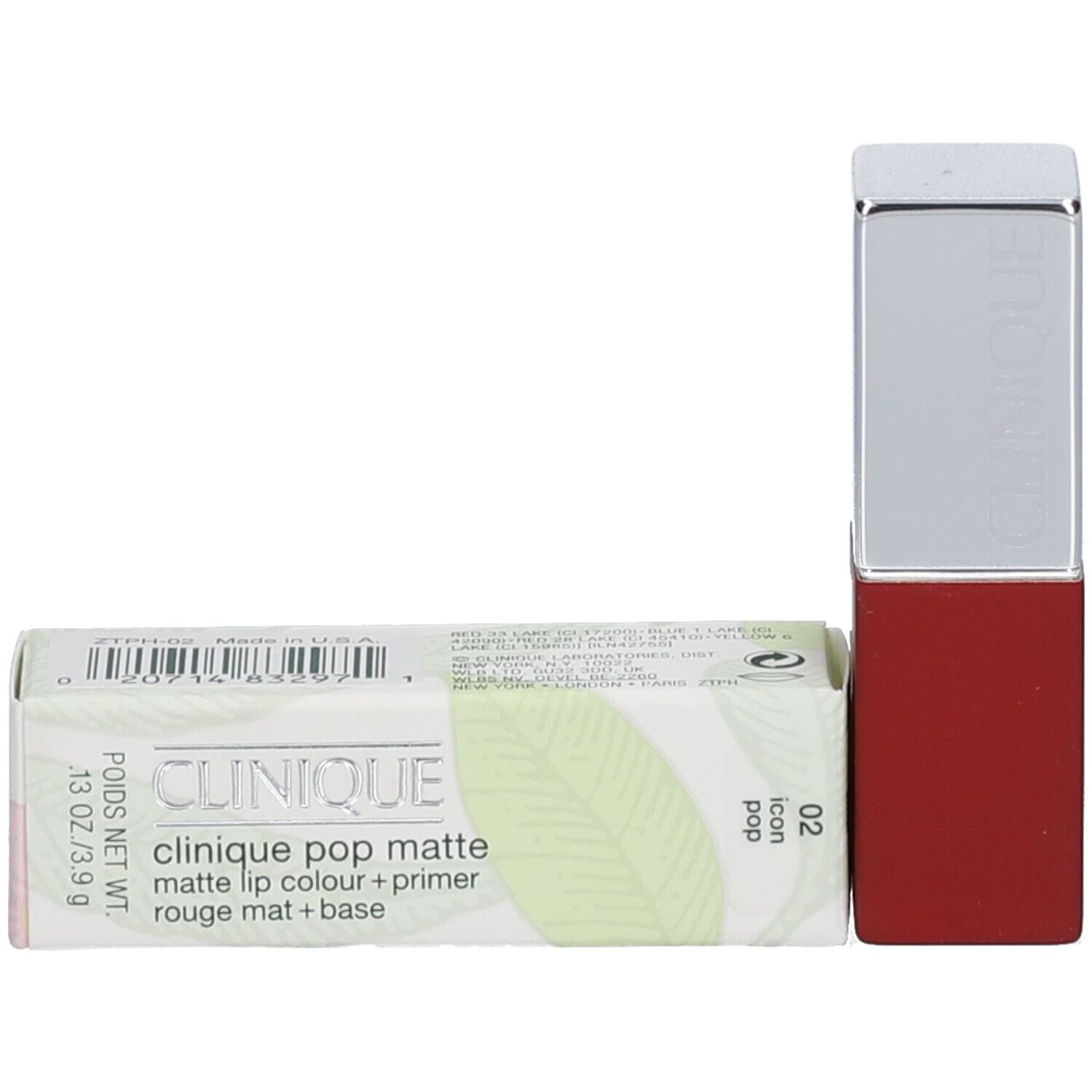 Rouge à lèvres et emballage. L'emballage porte l'inscription « CLINIQUE pop matte lip colour + primer ».
