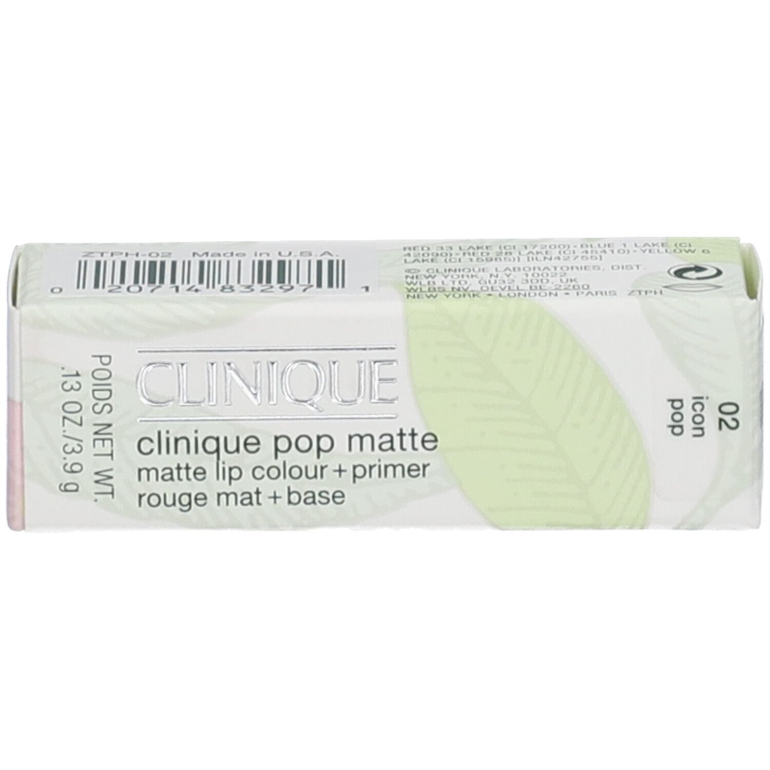 Emballage avec le nom du produit « CLINIQUE pop matte lip colour + primer ». Poids : 13 oz/3,9 g.