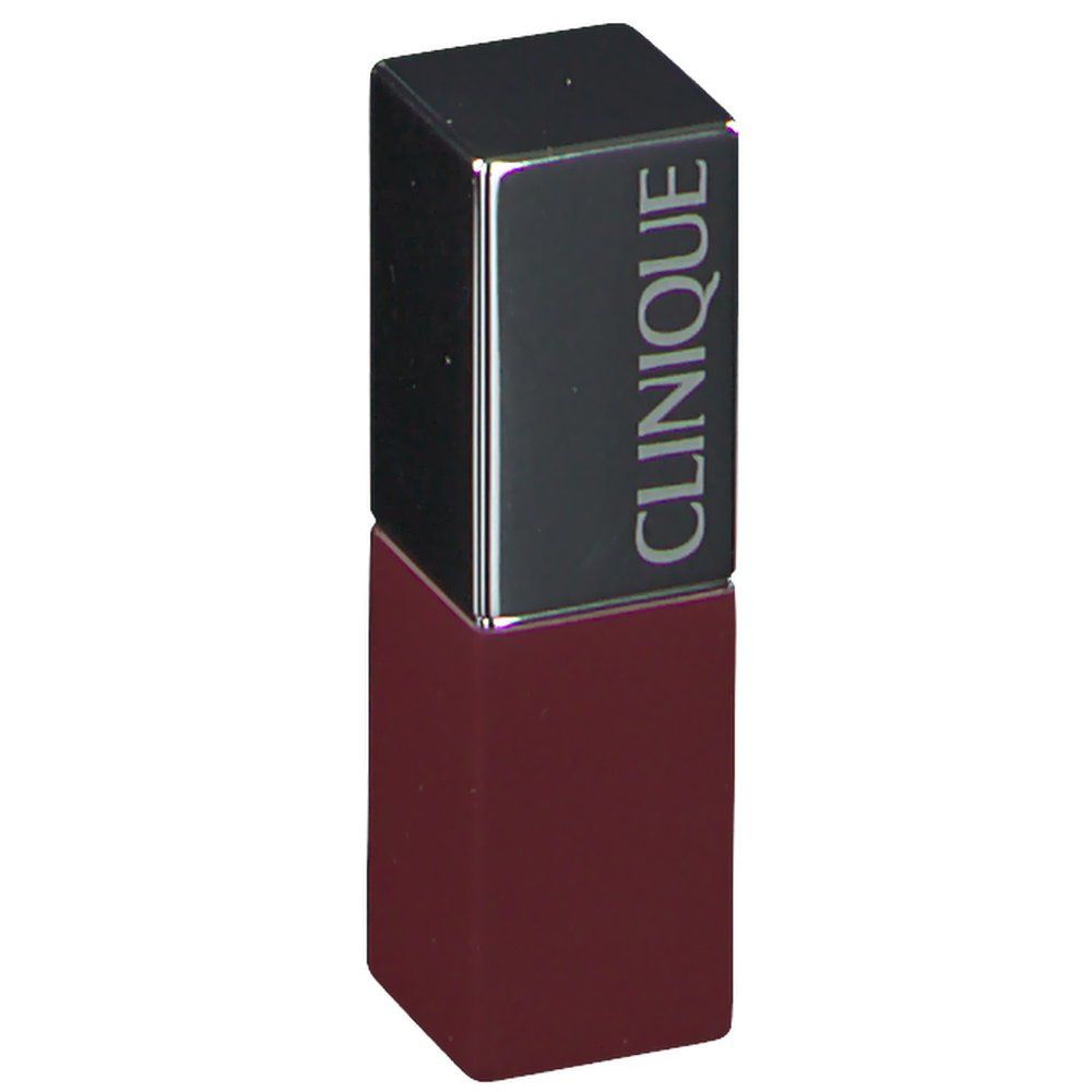 Rouge à lèvres de forme carrée. Le capuchon est argenté avec le nom de la marque CLINIQUE. Le corps du rouge à lèvres est rouge foncé.