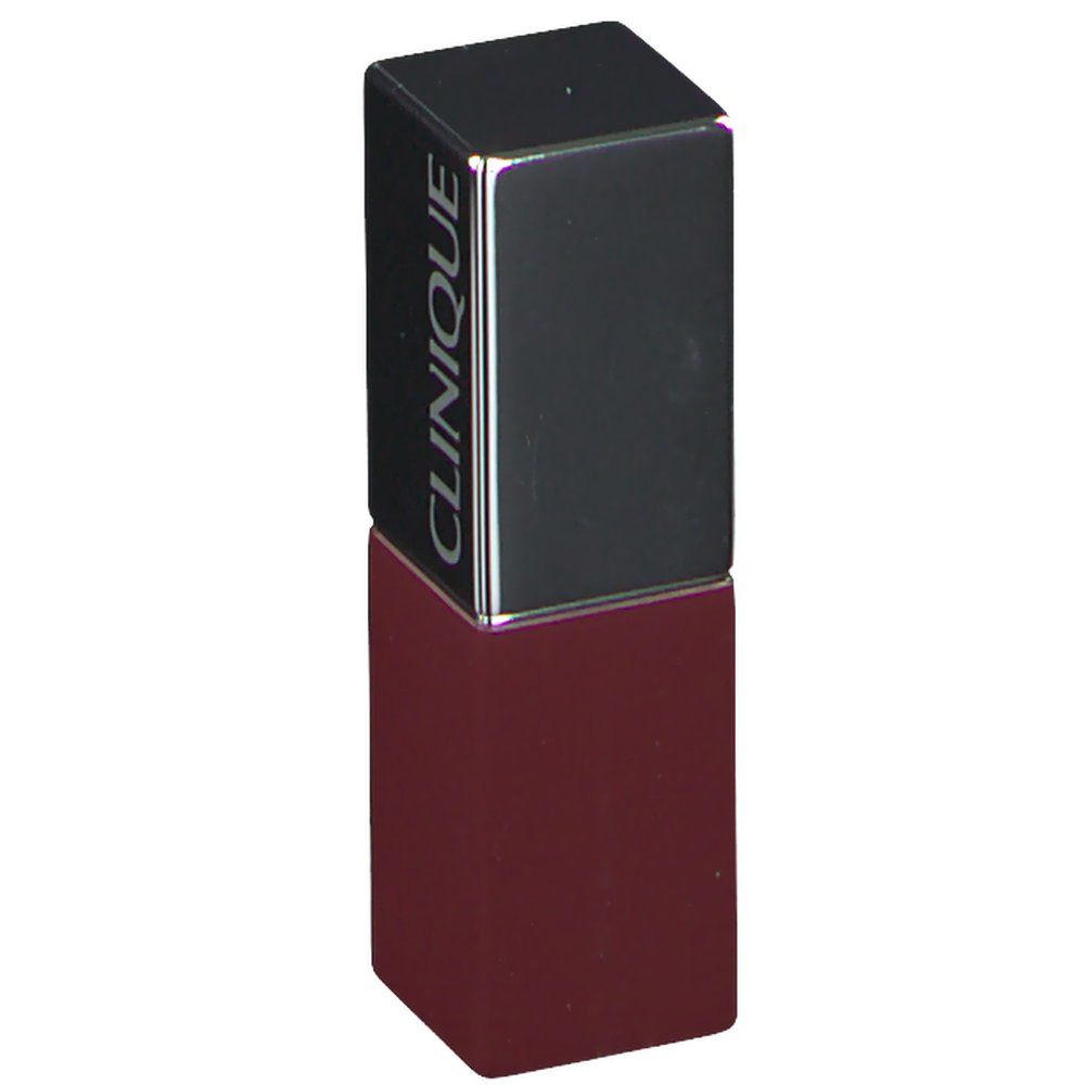 Rouge à lèvres de forme carrée. Le capuchon est argenté avec le nom de la marque CLINIQUE. Le corps du rouge à lèvres est rouge foncé.