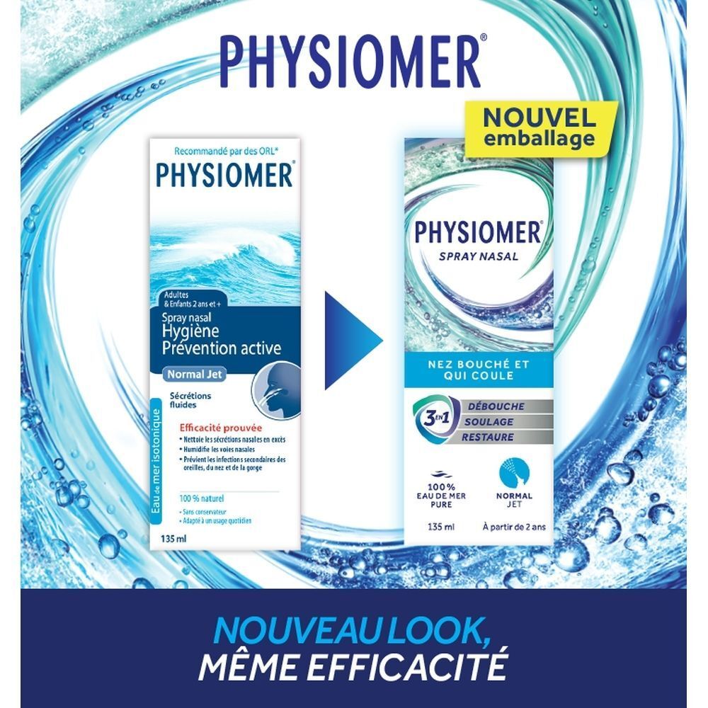 Comparaison d'emballages de spray nasal Physiomer. Nouveau packaging à gauche, ancien à droite.