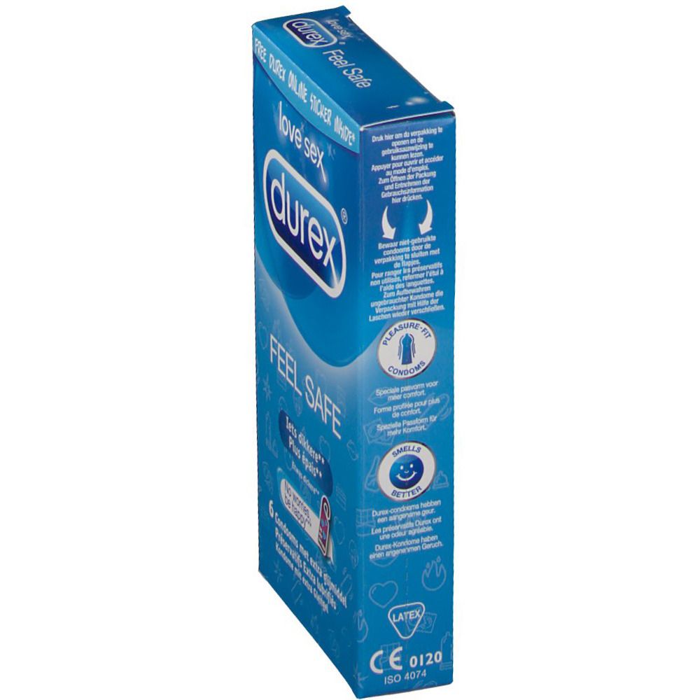 Vue latérale de la boîte bleue Durex "Feel Safe". Inscription "love sex". Contient 6 préservatifs. Marque CE.