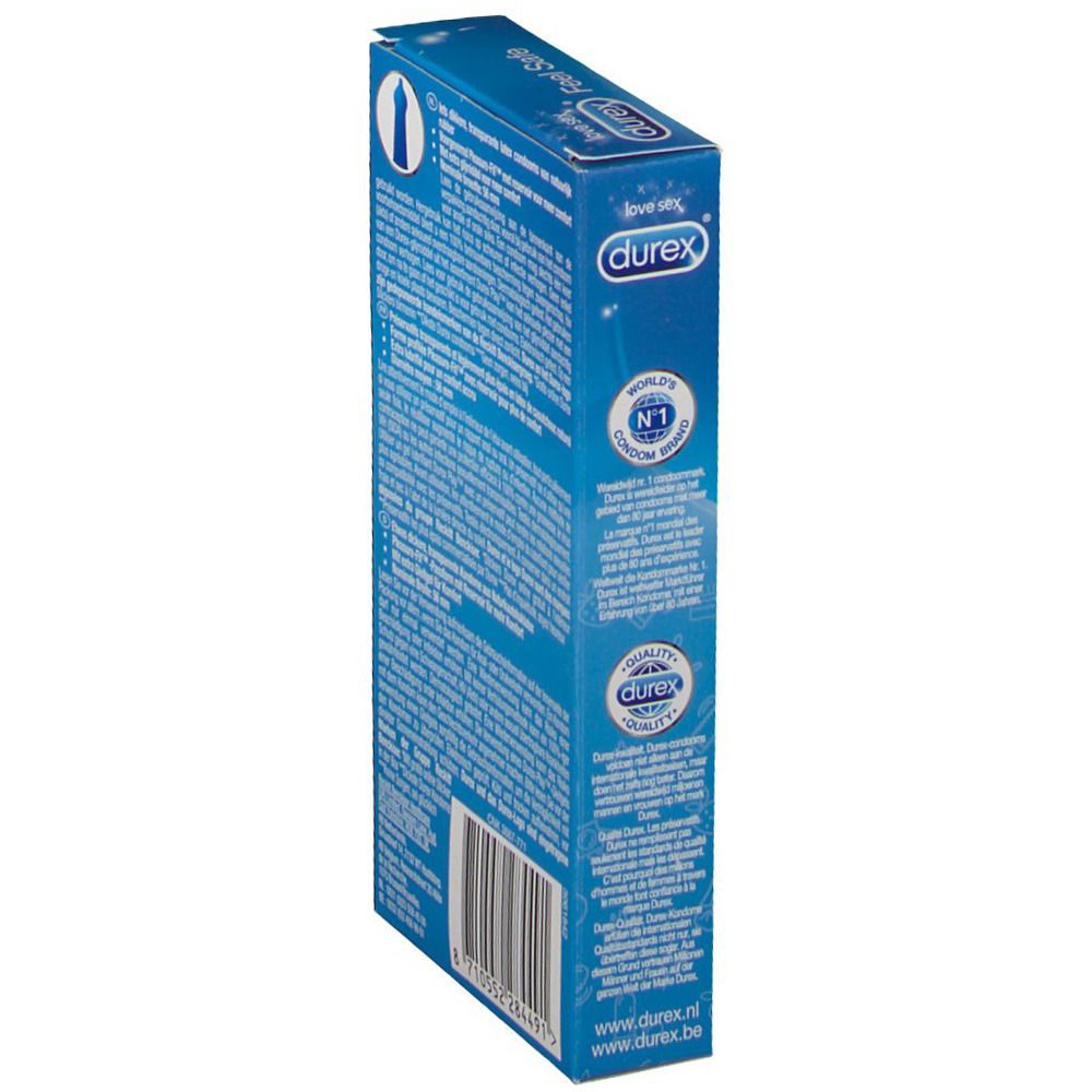 Vue latérale de la boîte bleue Durex. Texte et code-barres. Informations sur les préservatifs et marquage CE.