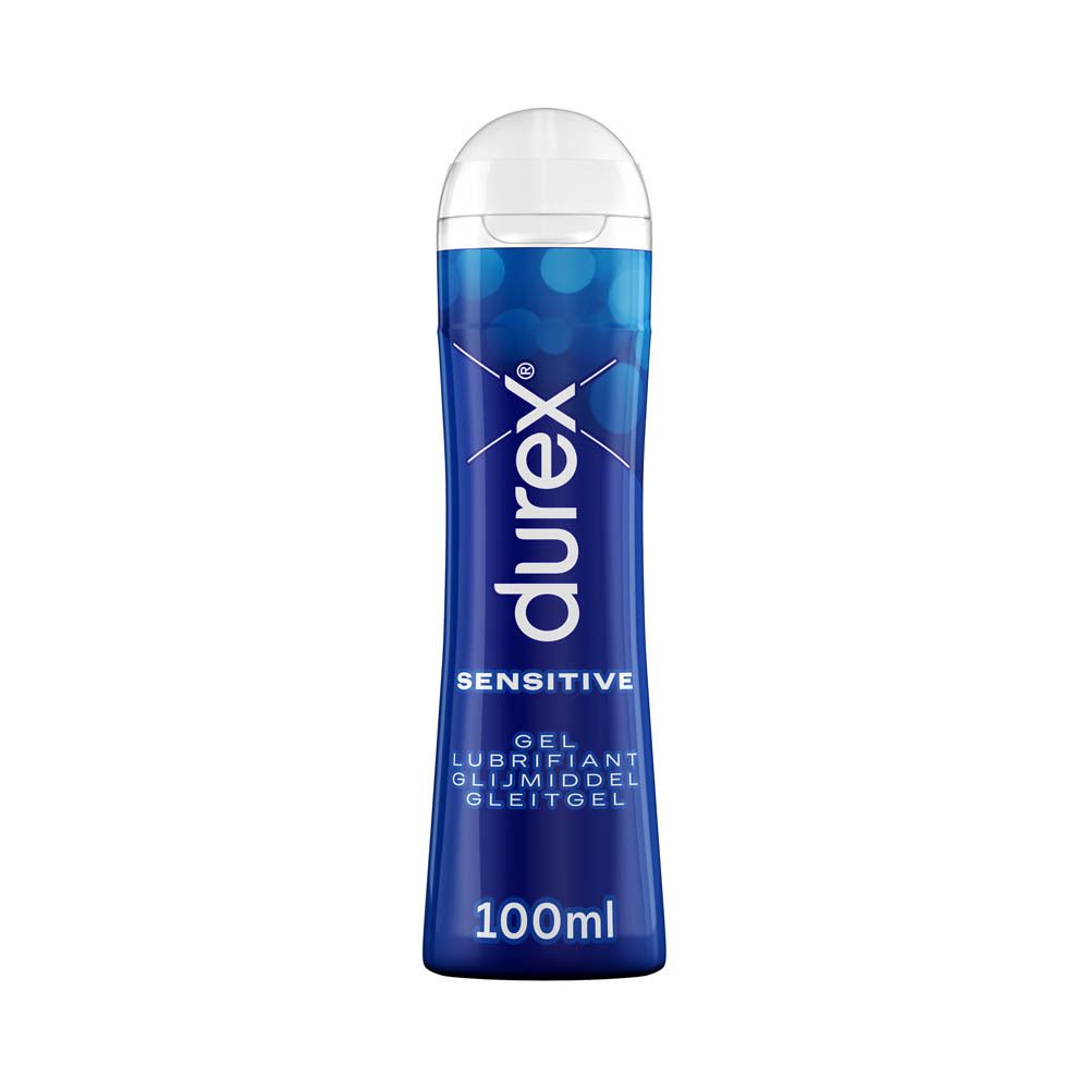 Flacon bleu. Inscription: Durex Play Sensitive. Gel pour plus de plaisir.