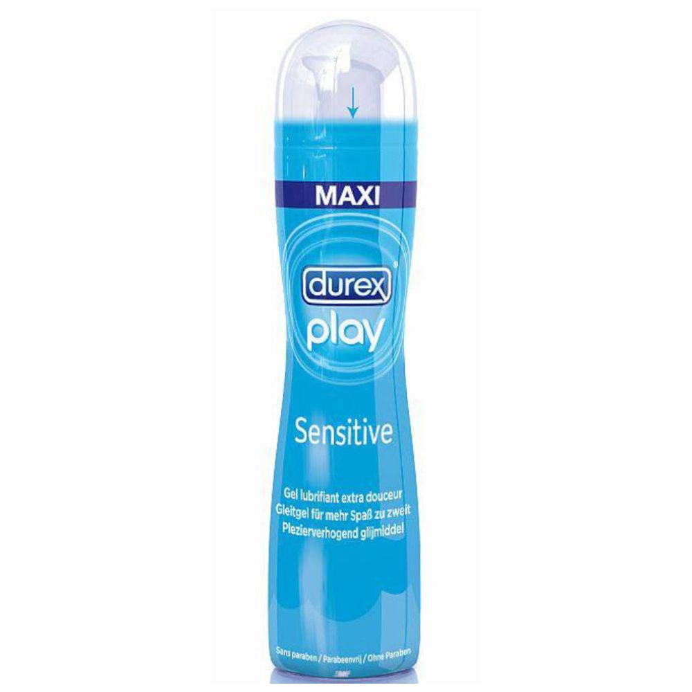 Flacon bleu transparent avec bouchon blanc. Inscription: durex play Sensitive Gel. Symbole de flèche.