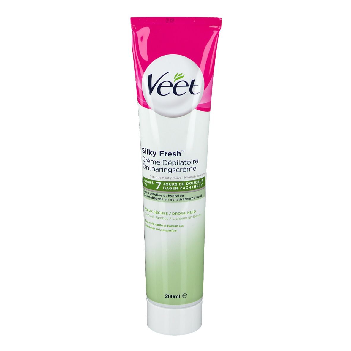 Tube de crème Veet Silky Fresh, bouchon rose. Fond blanc et vert. Inscriptions en français et anglais.