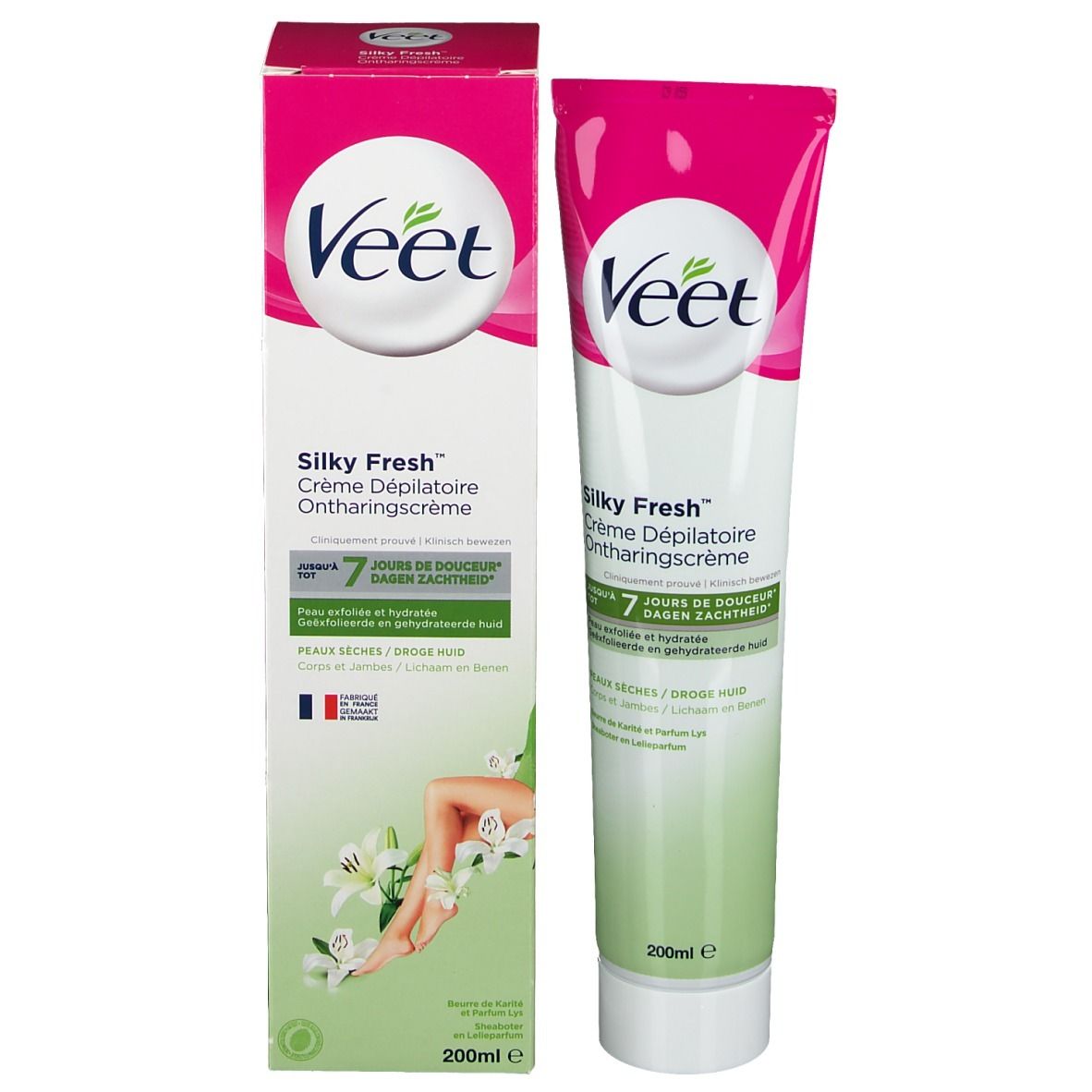 Emballage produit avec tube. Crème Veet Silky Fresh. Emballage rose et blanc. Tube et boîte côte à côte.