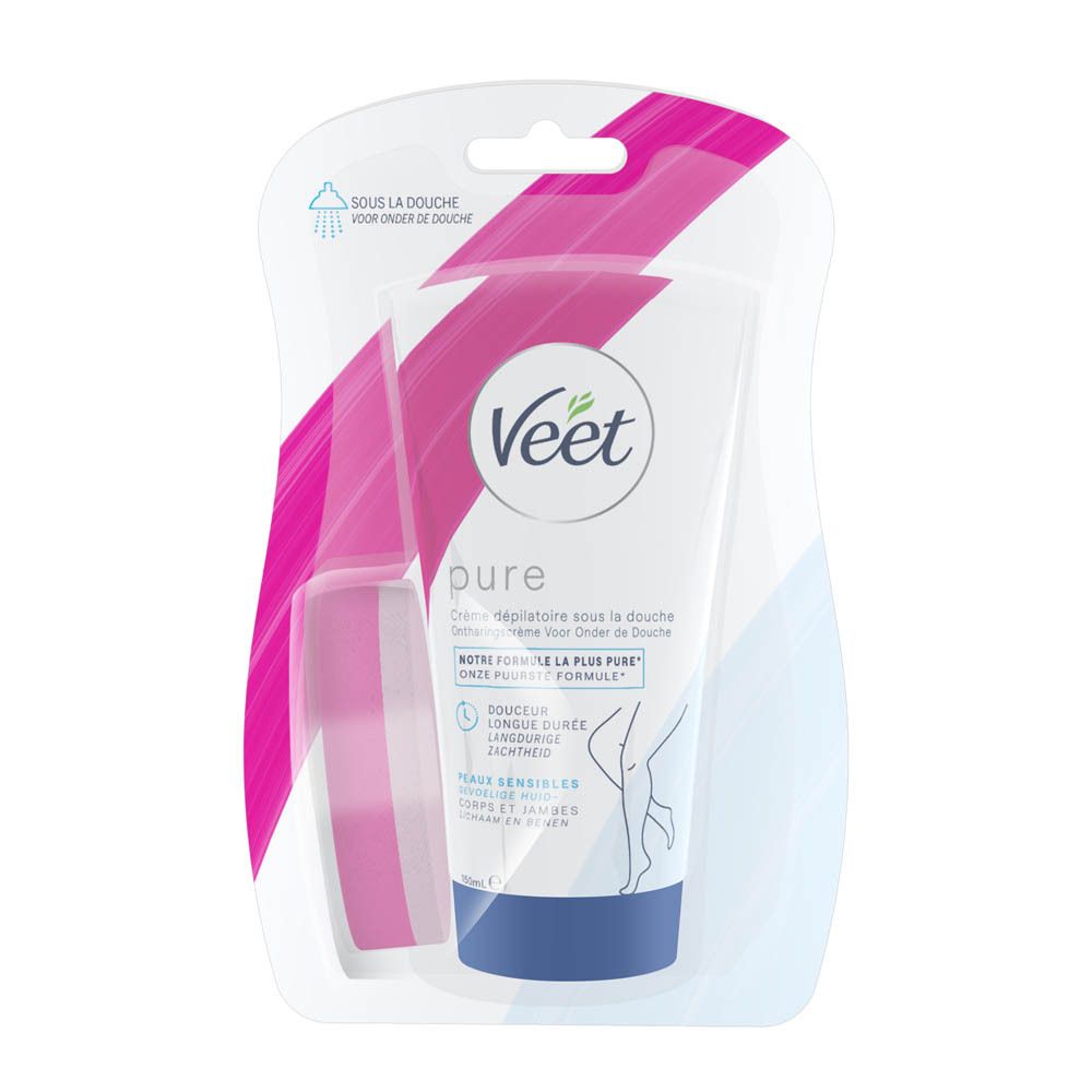 Veet Pure crème dépilatoire sous la douche, tube et éponge dans l'emballage. Couleurs rose et blanc.