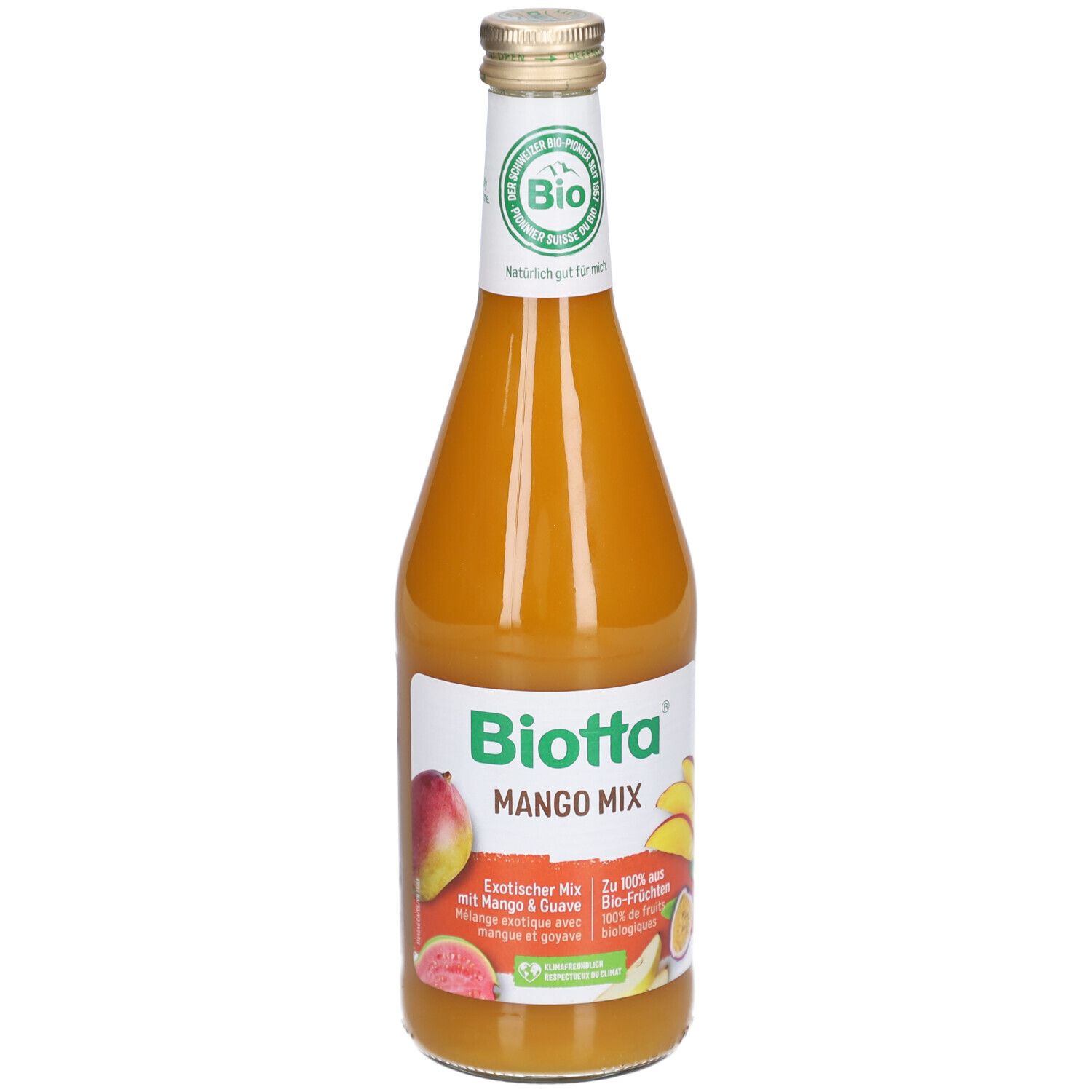 Bouteille en verre de Mango Mix. Étiquette avec Biotta, illustrations de mangue et goyave, label bio.