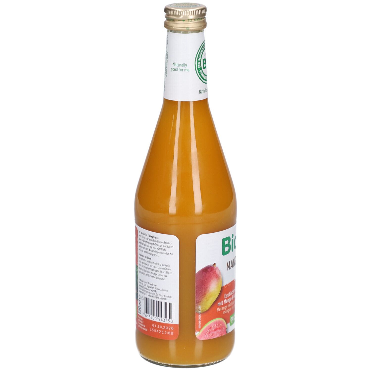 Vue arrière de la bouteille de Mango Mix. Étiquette avec informations produit et code-barres.