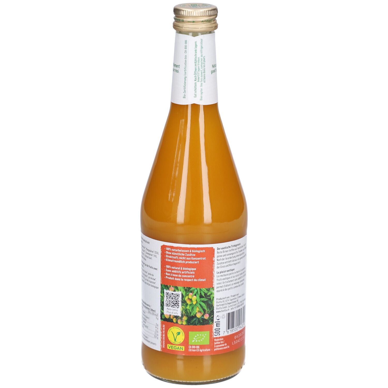 Vue arrière de la bouteille de Mango Mix. Étiquette avec informations, label bio et logo vegan.