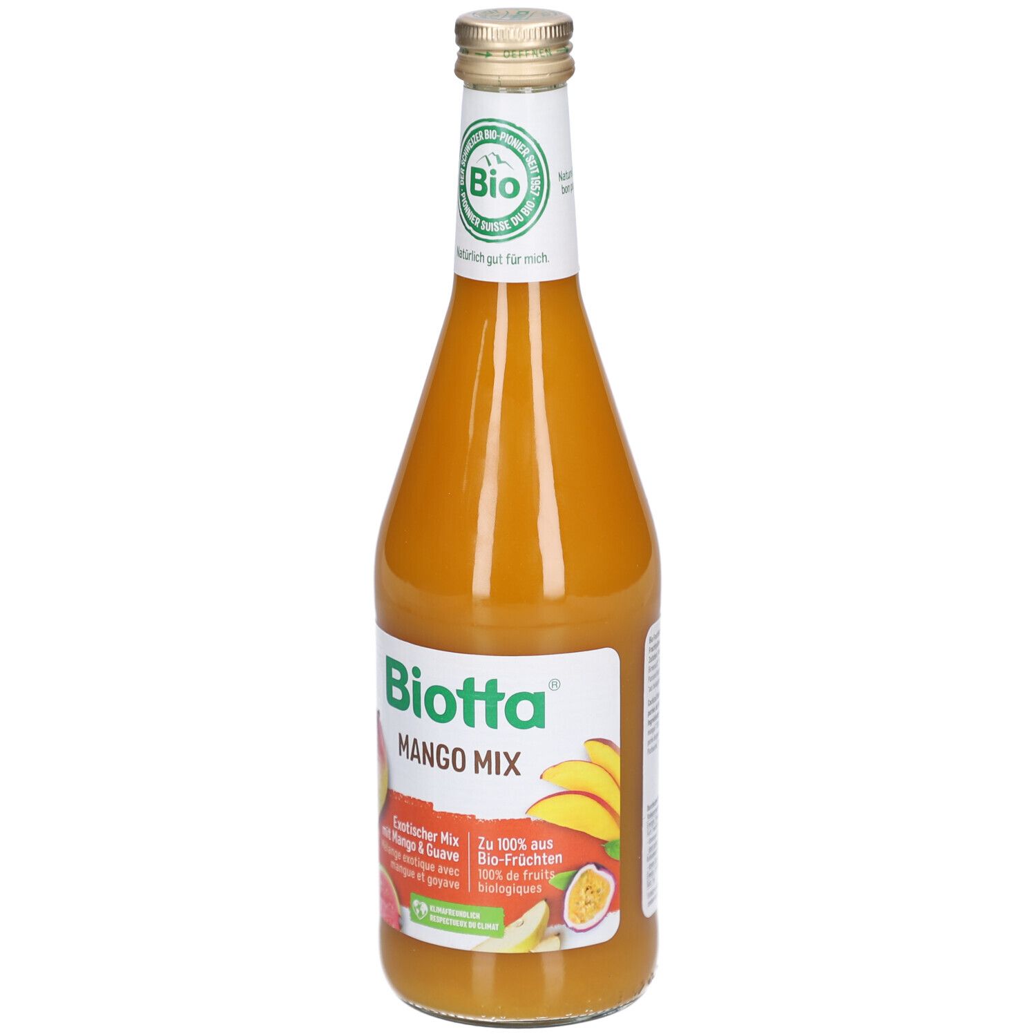 Bouteille en verre de Mango Mix. Étiquette avec Biotta, illustrations de mangue et goyave, label bio.