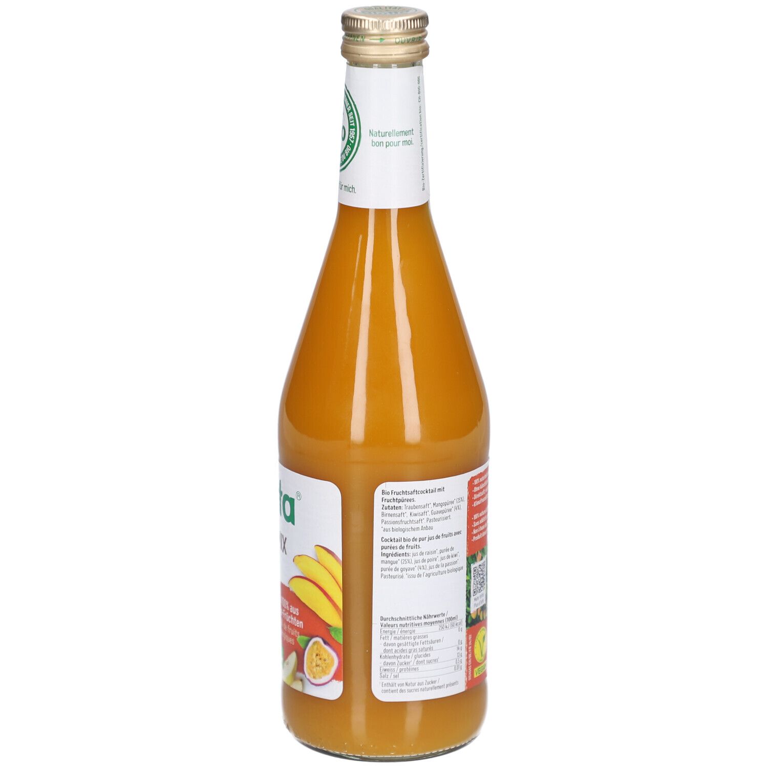 Bouteille en verre de Mango Mix. Étiquette avec Biotta, illustrations de mangue et goyave, label bio.