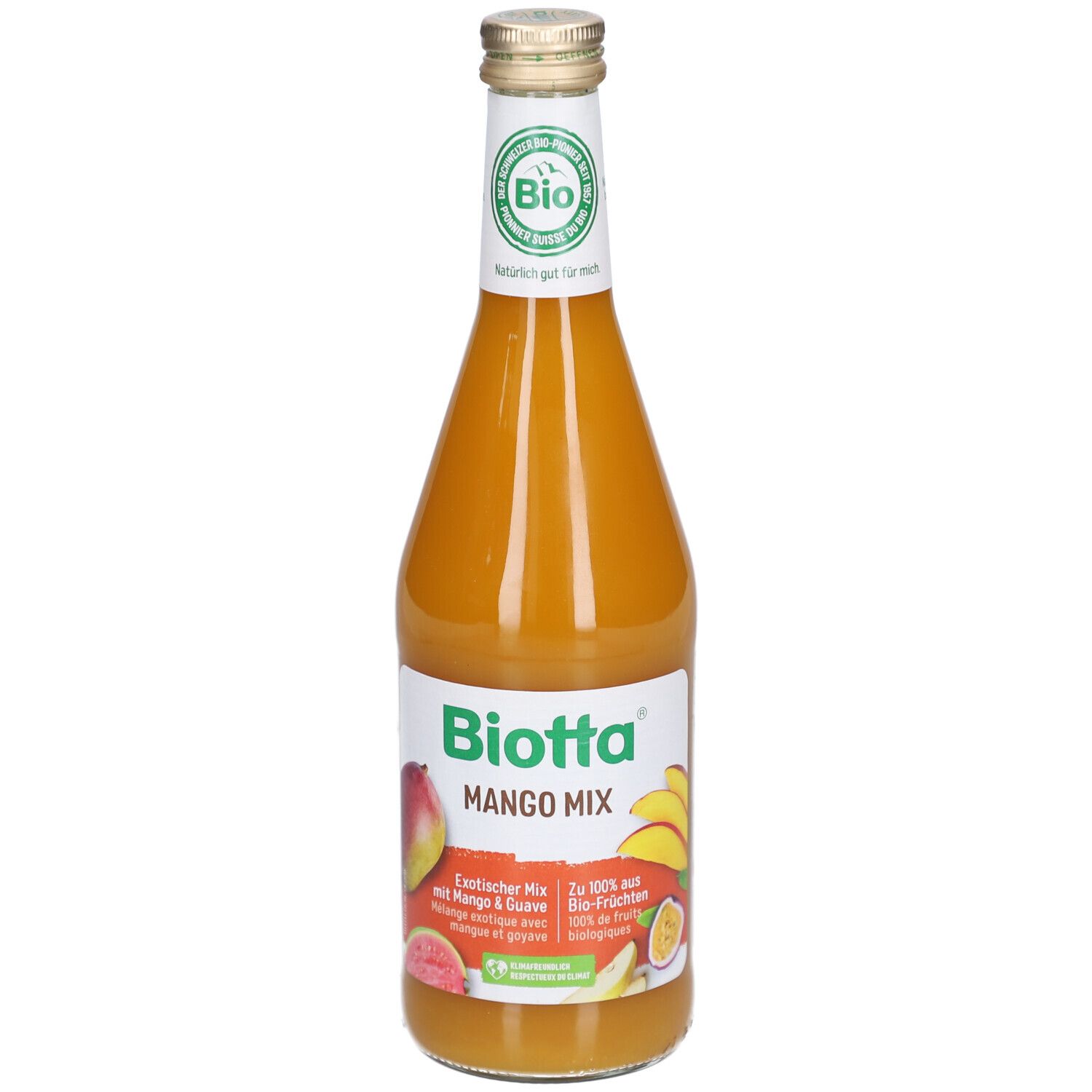 Bouteille en verre de Mango Mix. Étiquette avec Biotta, illustrations de mangue et goyave, label bio.