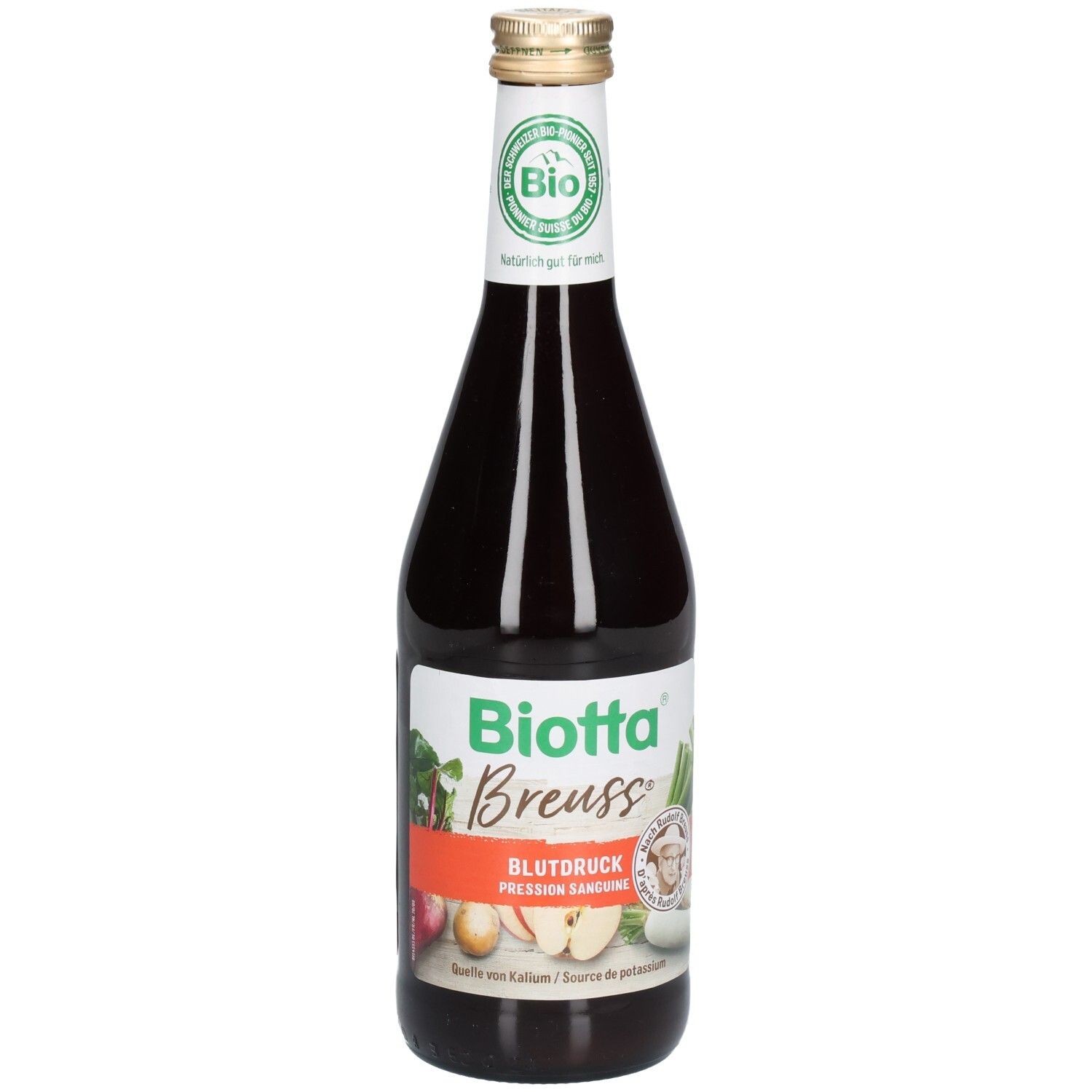 Biotta Breuss Tension Artérielle. Bouteille en verre brun. Label avec logo bio. Légumes illustrés. Bouchon doré.