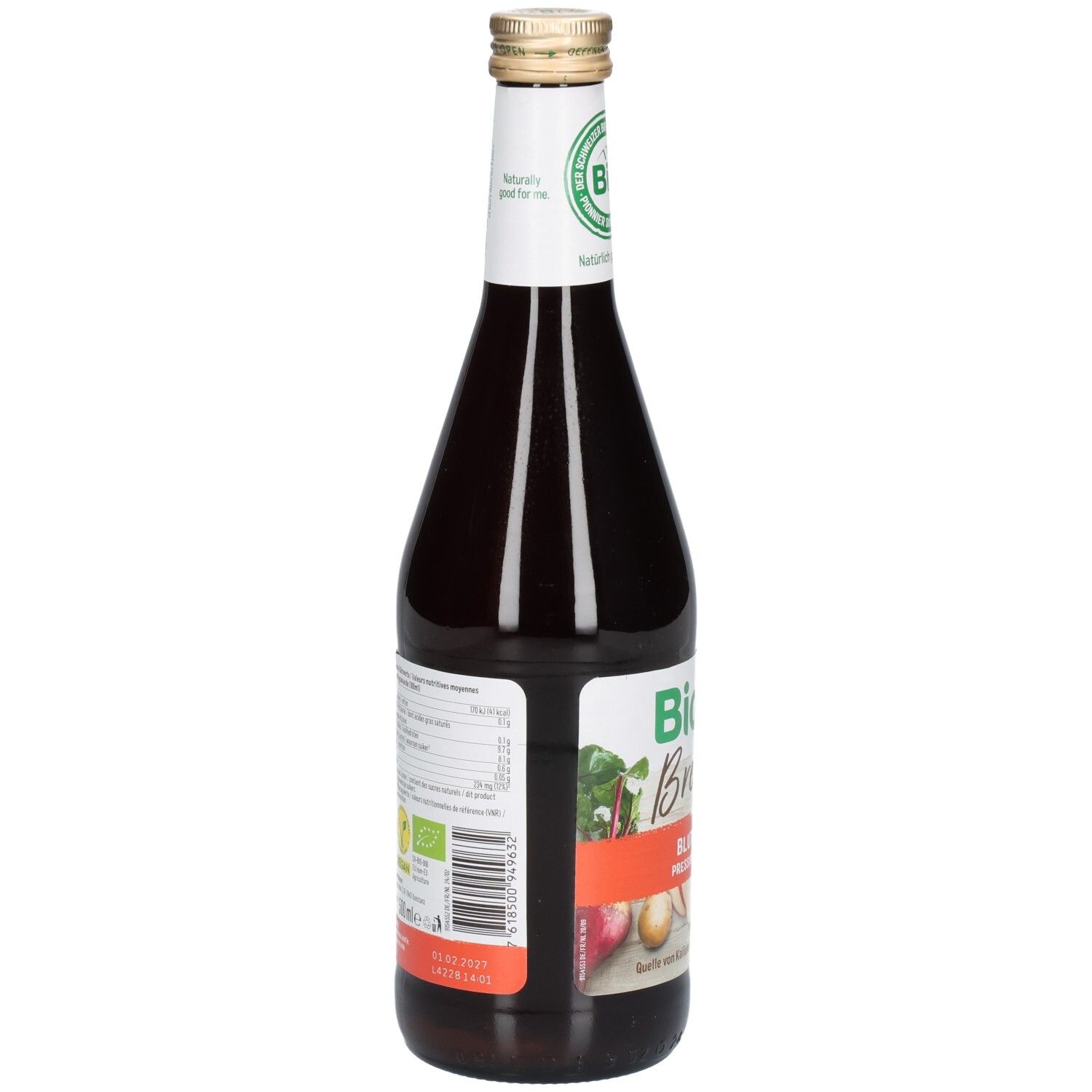 Dos de la bouteille Biotta Breuss. Étiquette avec informations nutritionnelles et ingrédients. Label bio. Code-barres.