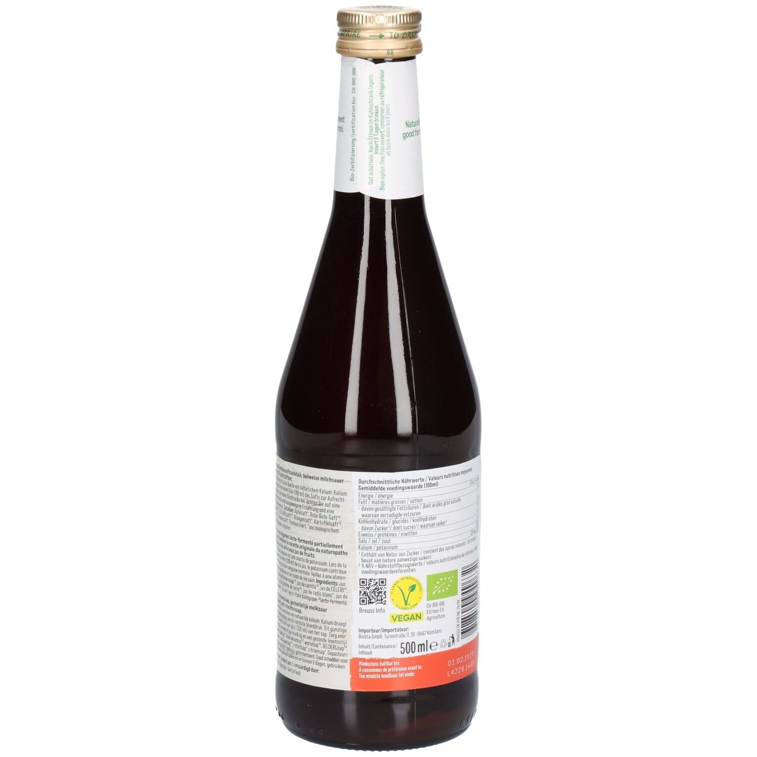 Dos de la bouteille Biotta Breuss. Label vegan. Label bio. Informations nutritionnelles. 500ml.