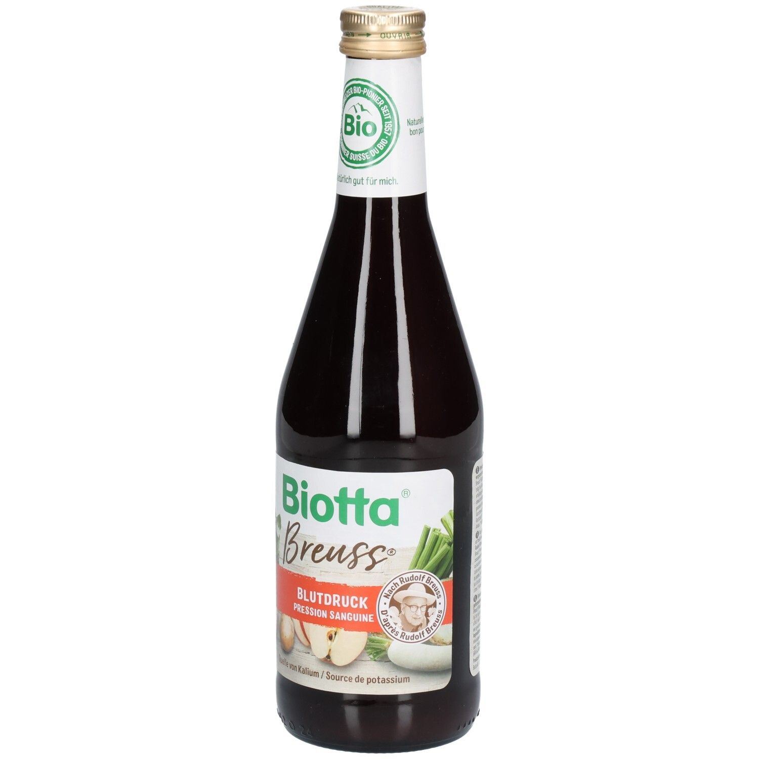 Biotta Breuss Tension Artérielle. Bouteille en verre brun. Logo bio. Légumes illustrés. Bouchon doré. Gros plan.