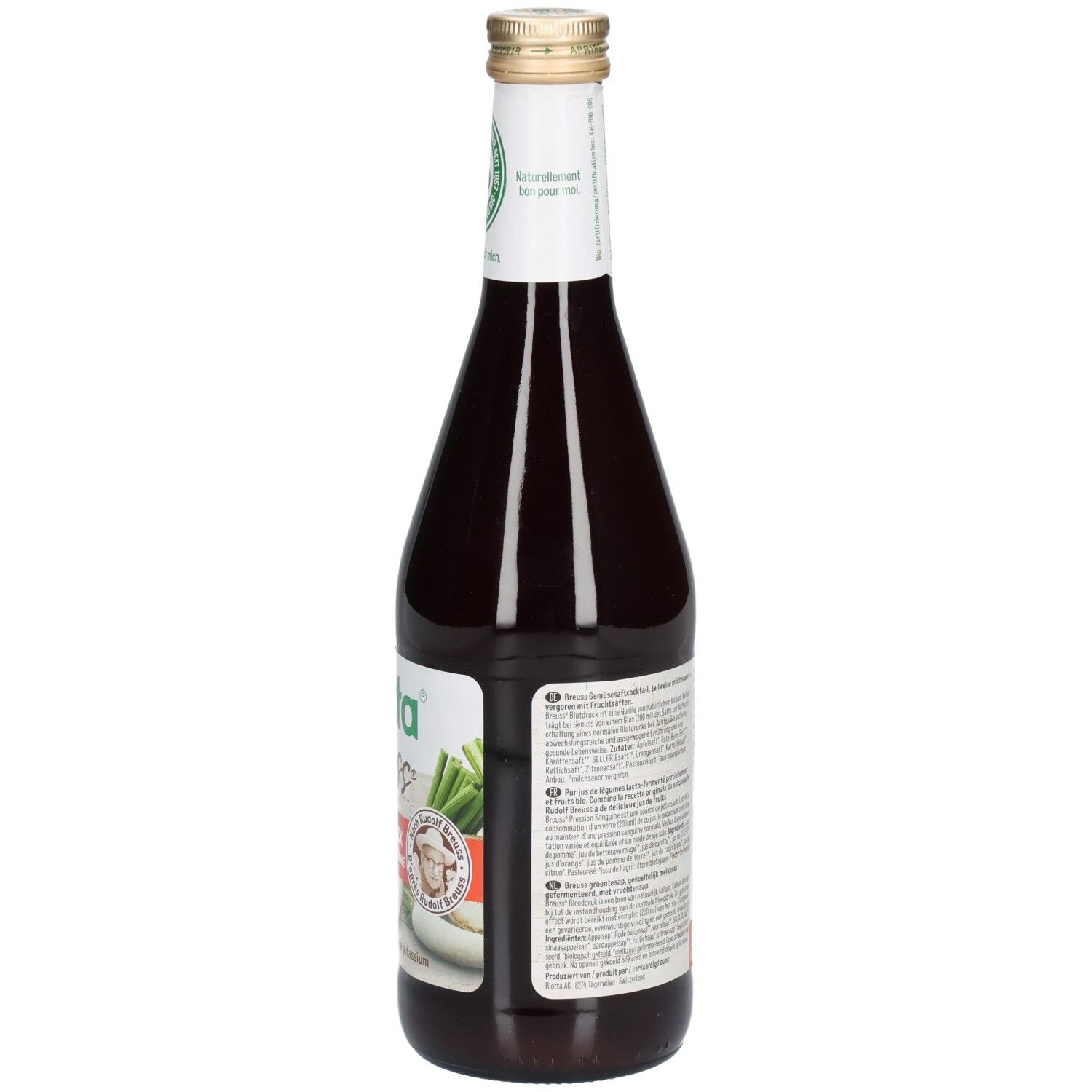 Dos de la bouteille Biotta Breuss. Étiquette avec texte. Label bio. Label vegan. Gros plan.