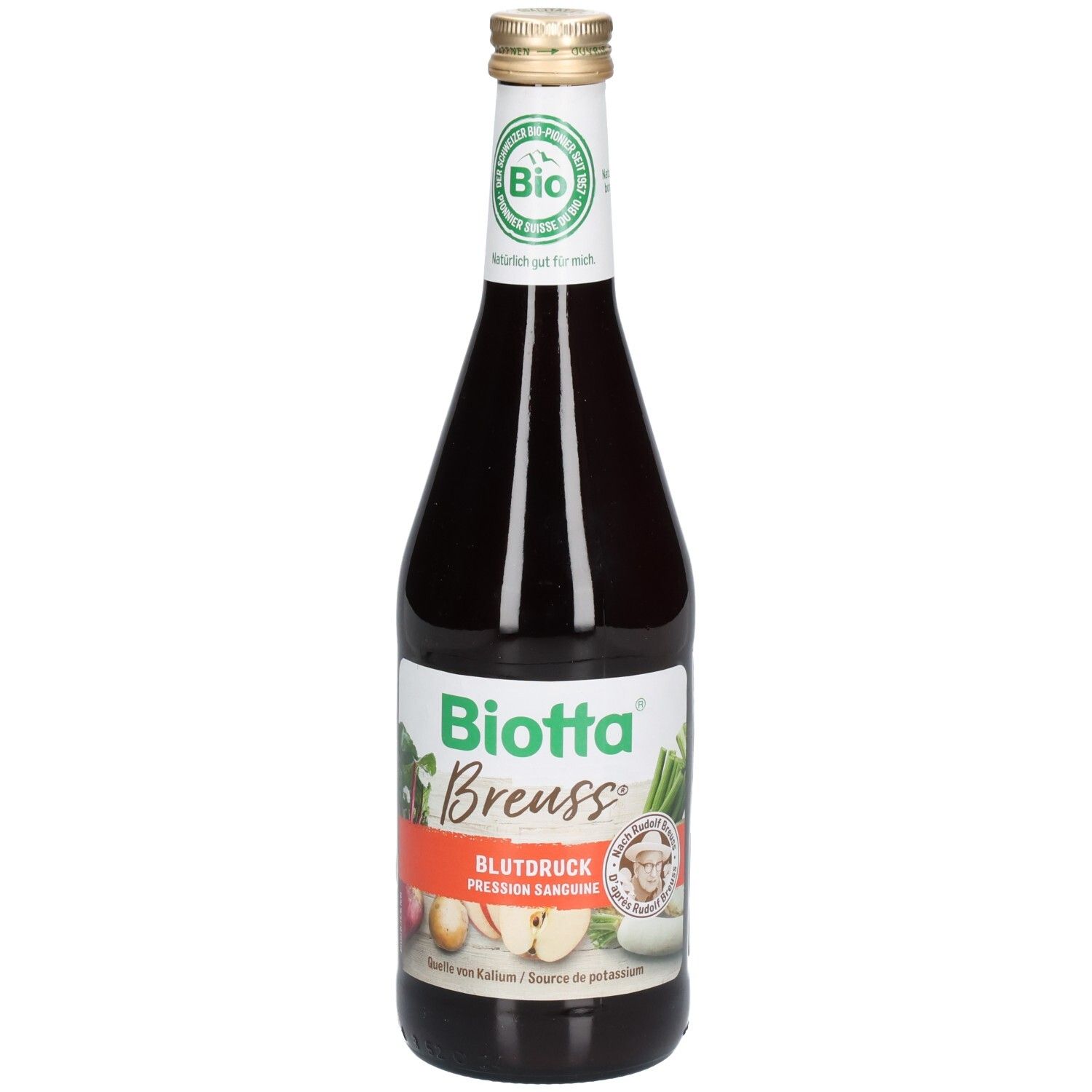 Biotta Breuss Tension Artérielle. Bouteille en verre brun. Logo bio. Légumes illustrés. Bouchon doré. Vue de face.