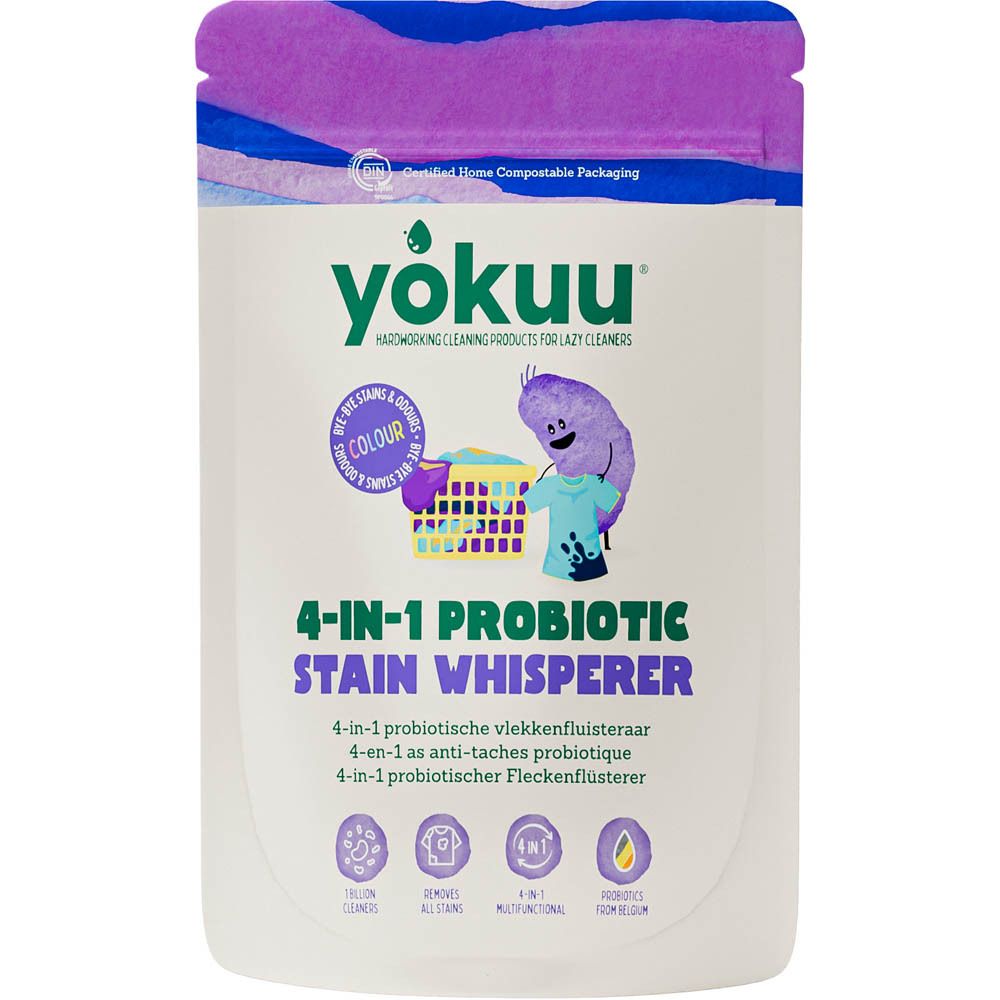 Sachet Yokuu Détachant Probiotique 4-en-1 Couleurs. Sachet blanc avec accents violets. Nom du produit et illustrations. Emballage compostable certifié.