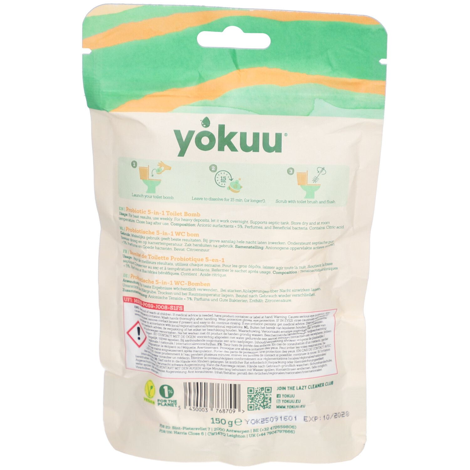 Dos du paquet avec informations et instructions sur le produit. Contient du texte en plusieurs langues.