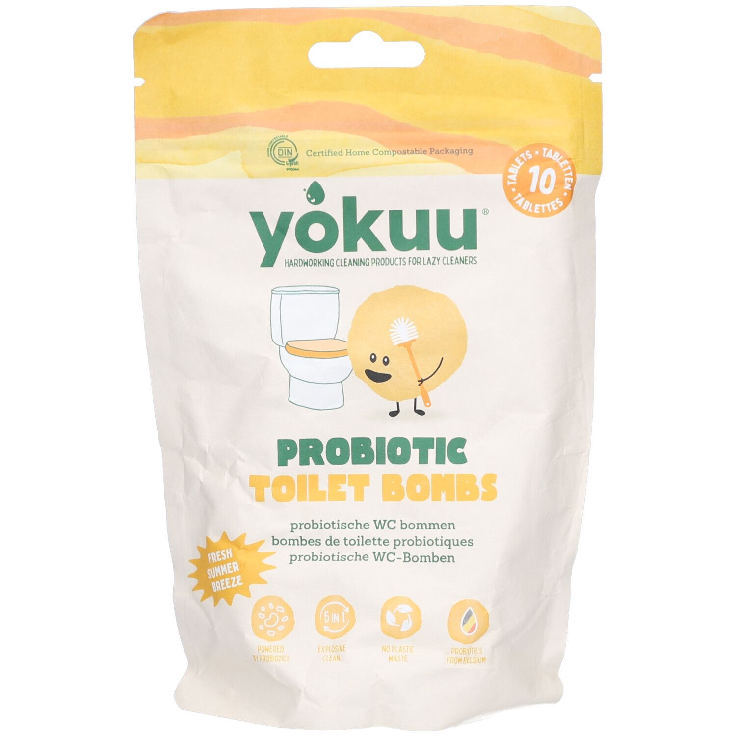 Sachet de YOKUU Toilet Bombs. Inscription : PROBIOTIC TOILET BOMBS, 10 comprimés. Emballage jaune et blanc, illustration.