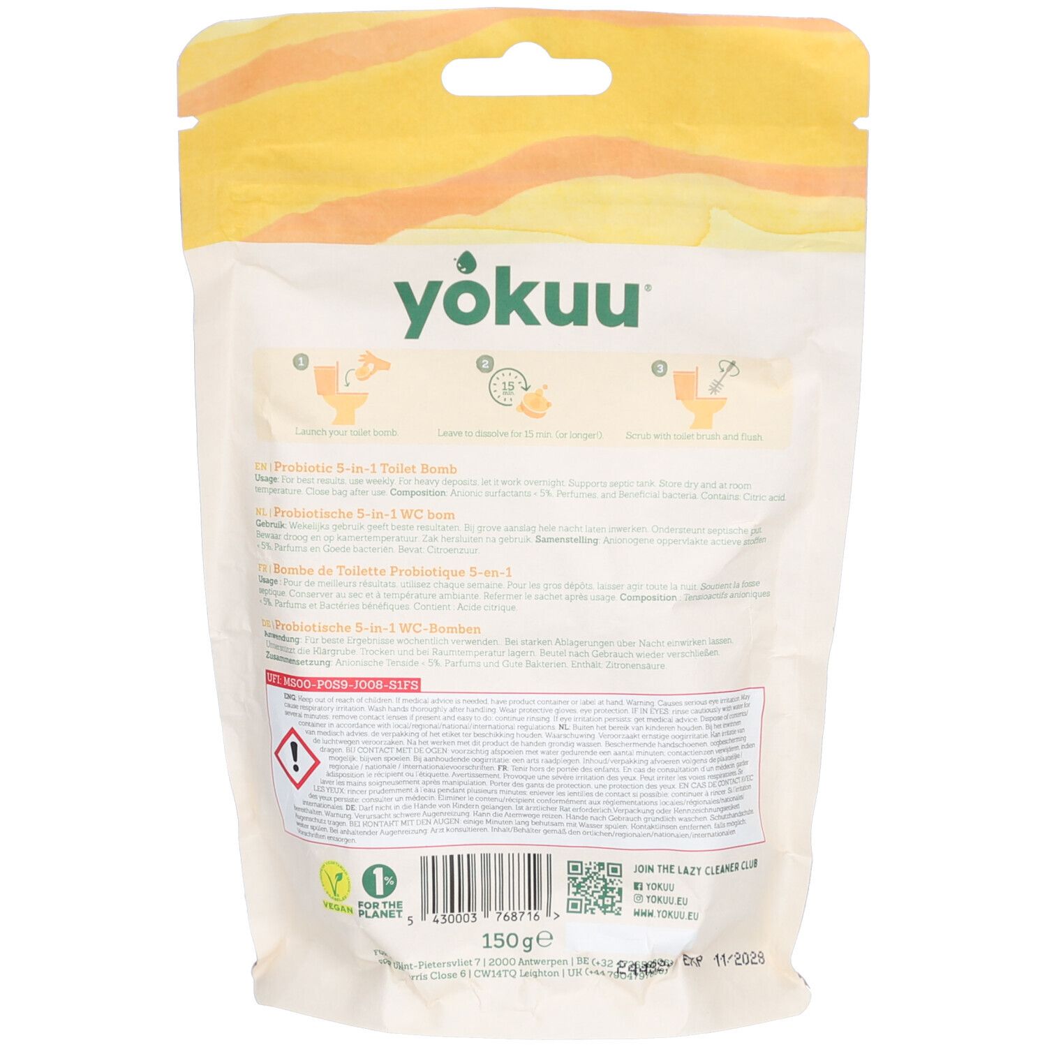 Dos du sachet YOKUU Toilet Bombs. Contient des informations et des instructions. Emballage jaune et blanc.