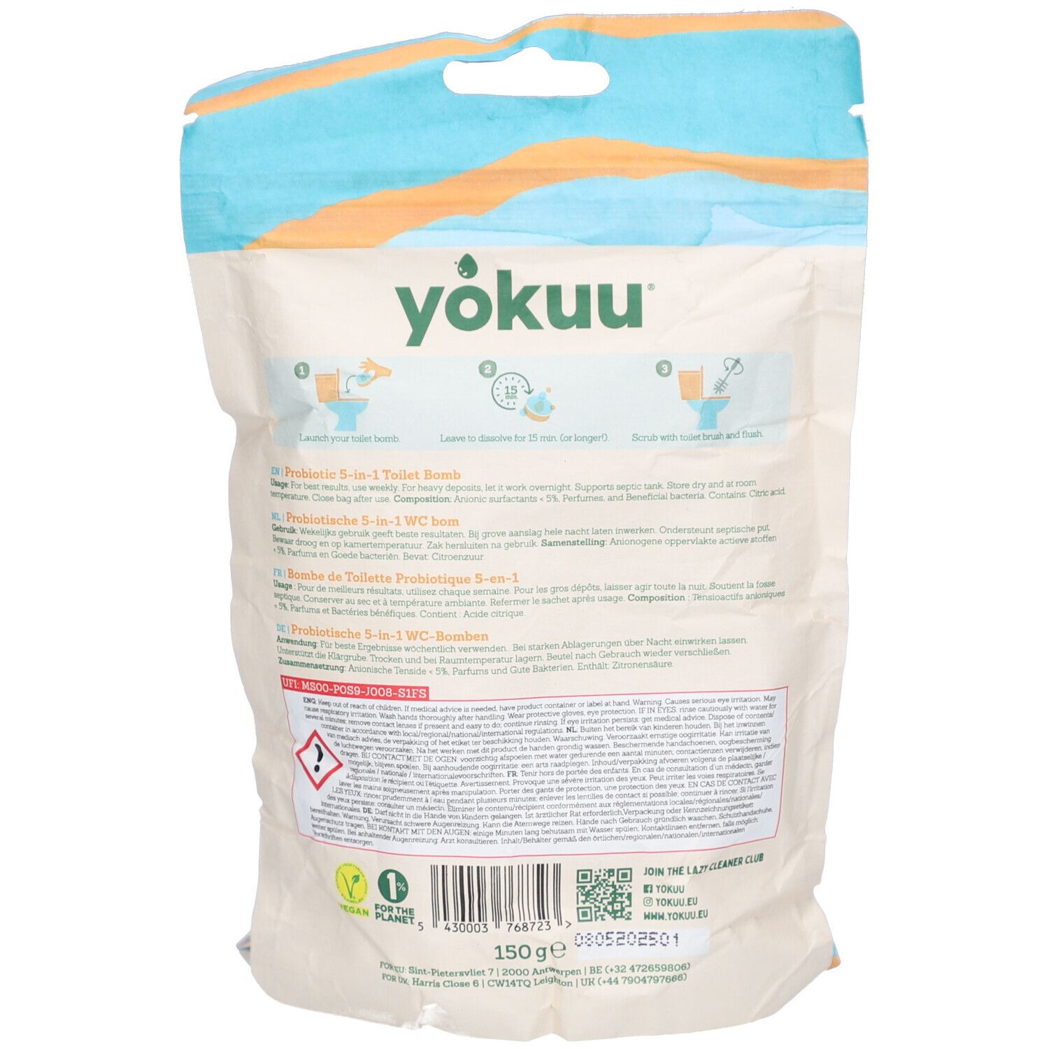 Dos du sachet Yokuu Bombes Probiotiques pour WC. Contient des informations sur les fonctions 3-en-1 et les instructions d'utilisation.