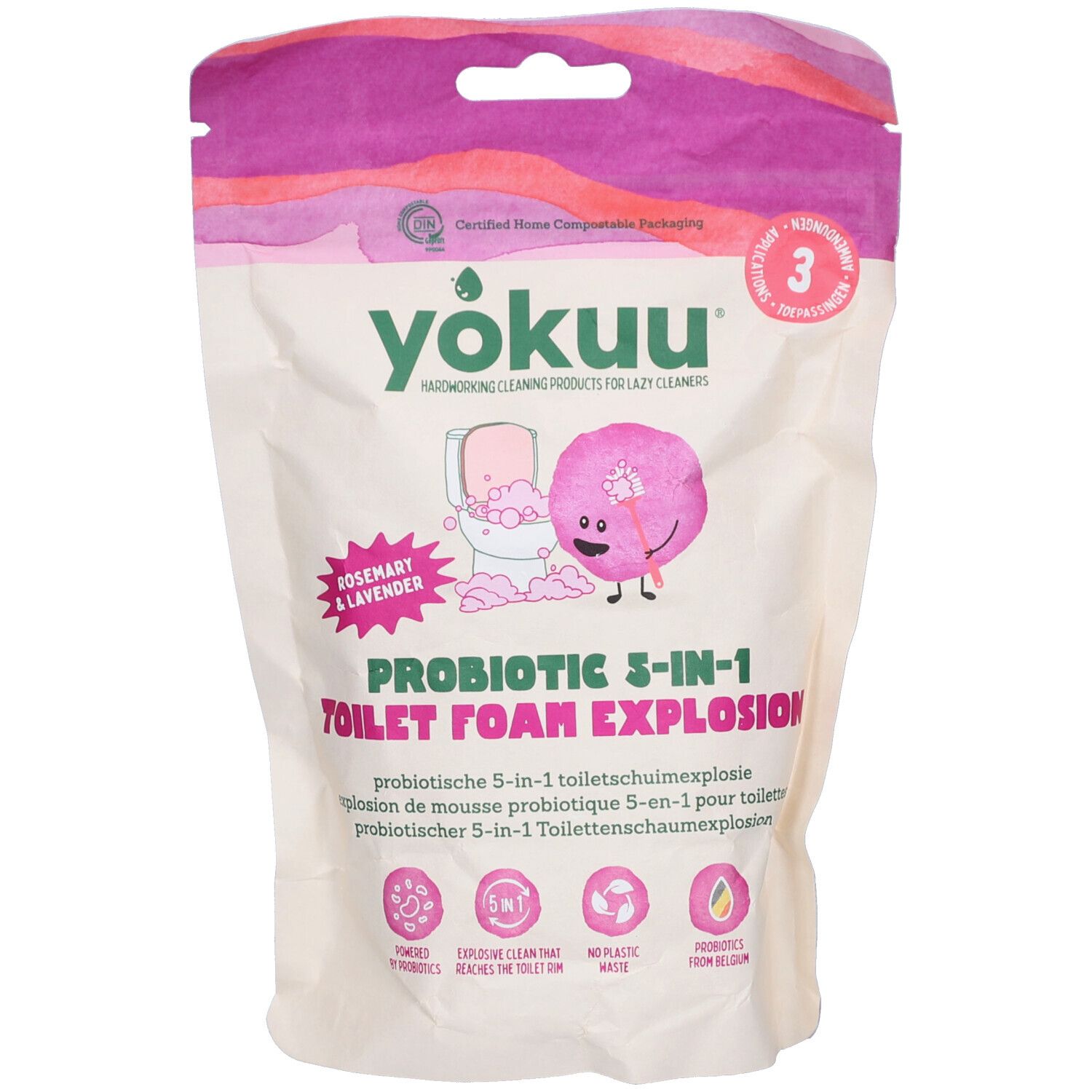 Sachet Yokuu. Mousse WC probiotique 5-en-1. Romarin & Lavande. Certifié. Illustration d'une toilette et d'une mousse rose.