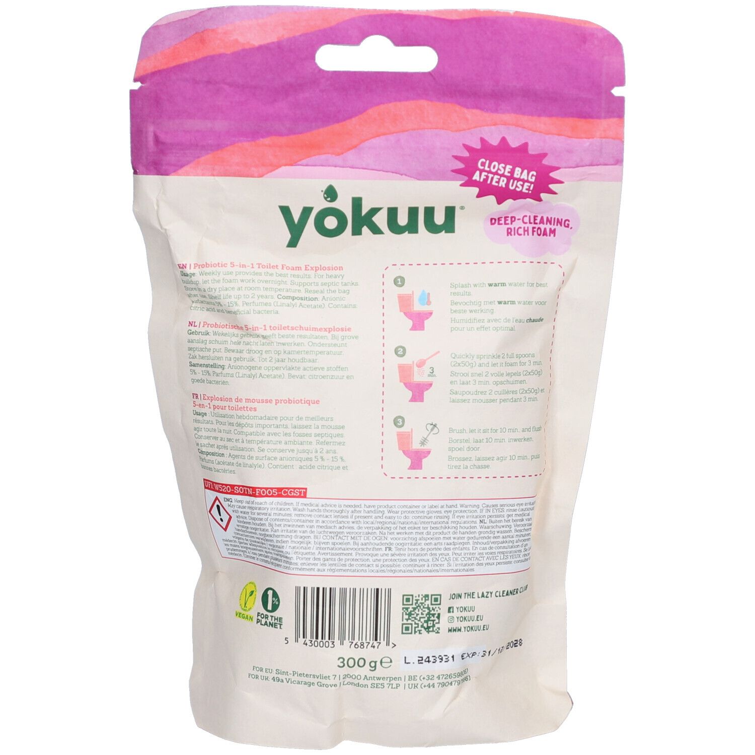 Dos du sachet. Informations d'utilisation et ingrédients. Code QR et certifications. Fermeture du sachet après usage.