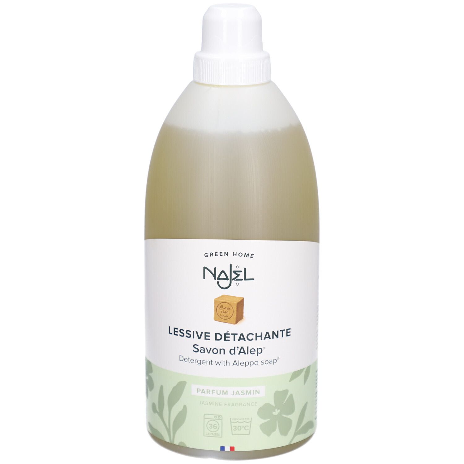 Lessive liquide en bouteille. Inscription: NAJEL, Lessive Détachante, Savon d'Alep. Parfum Jasmin. Étiquette verte.
