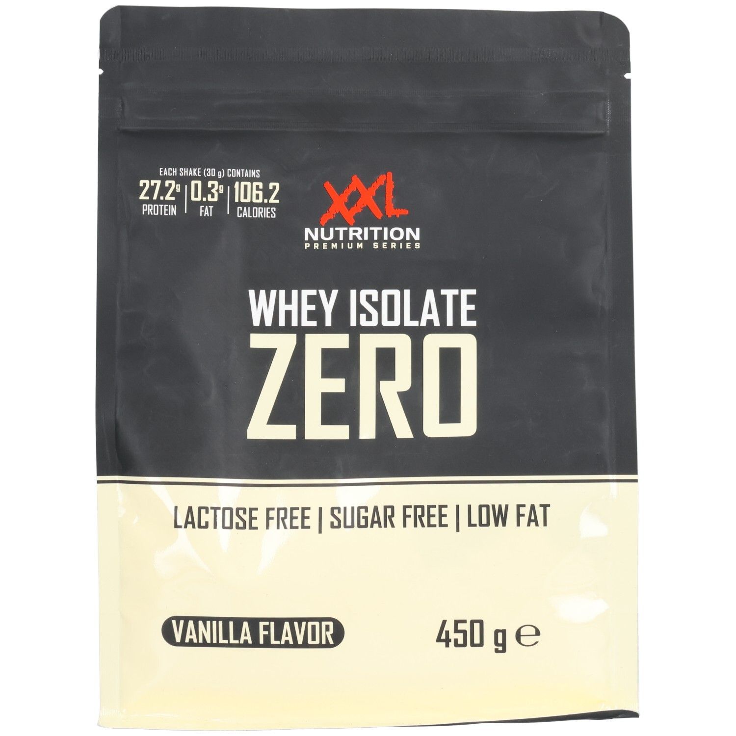 Emballage noir avec texte blanc. Contient Whey Isolate Zero. Logo XXL Nutrition en haut. En bas, "Vanilla Flavor" et "450 g e".