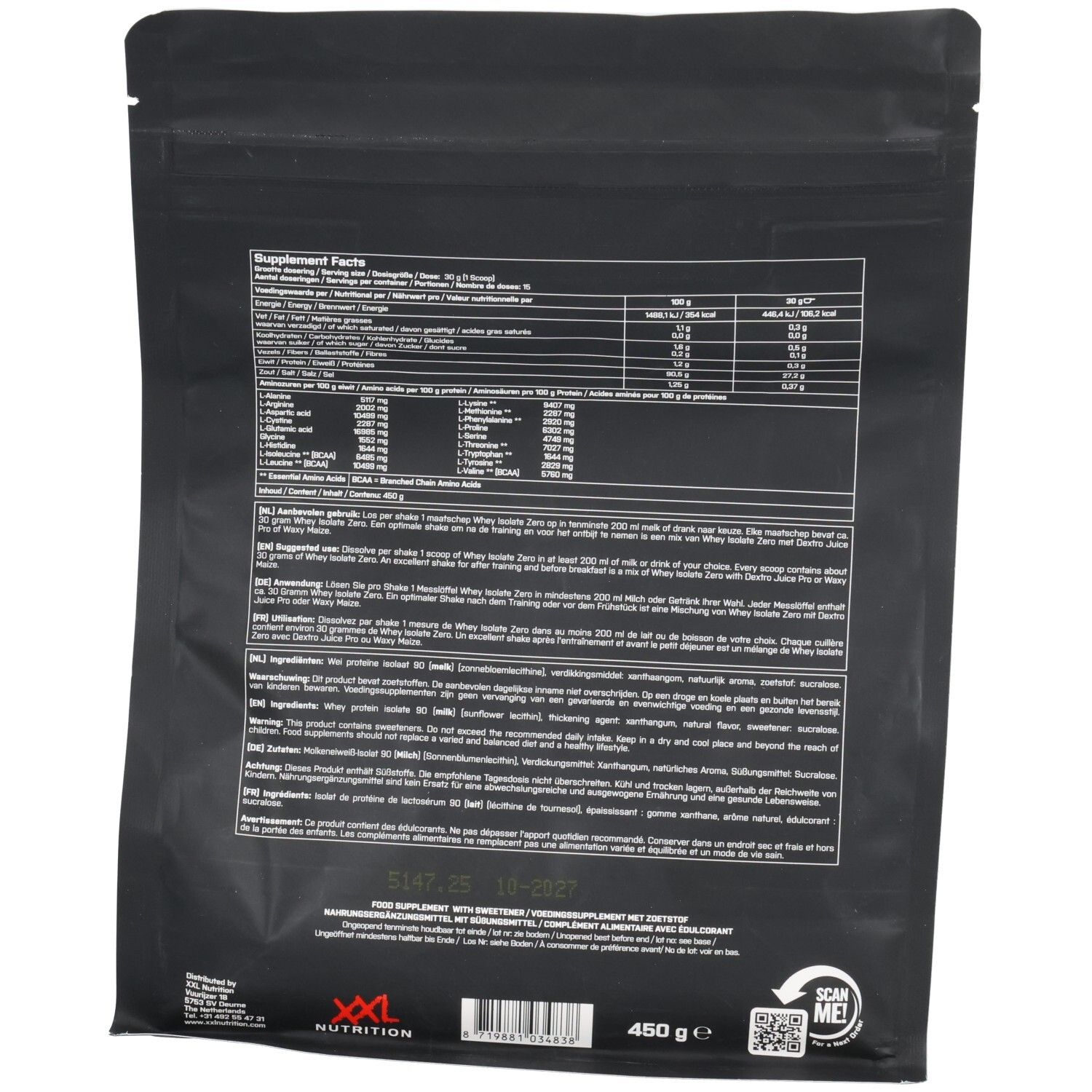 Dos de l'emballage noir. Contient des informations nutritionnelles et du texte en plusieurs langues. En bas, "450 g e" et un code QR.