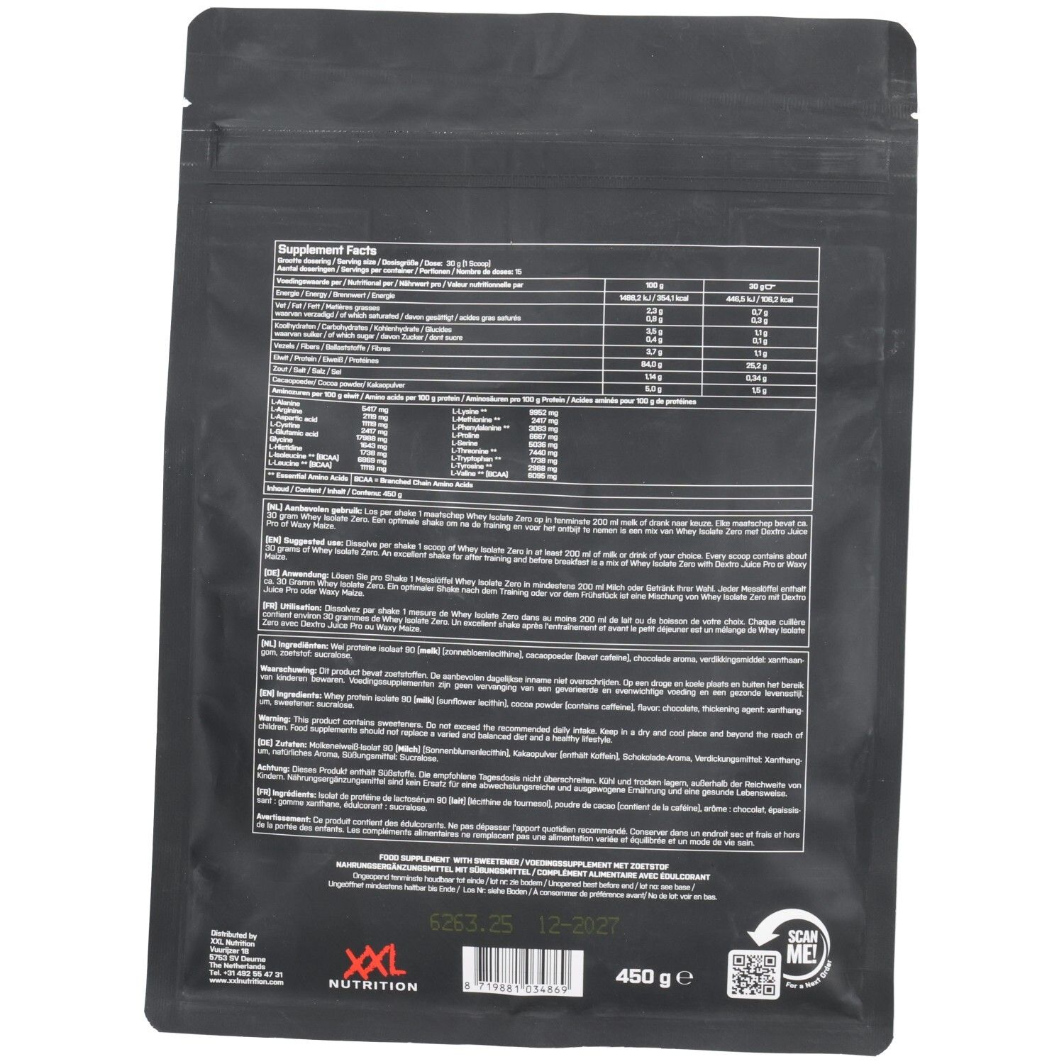 Dos du sachet noir avec informations nutritionnelles et liste des ingrédients. Contient des informations sur les protéines, les graisses, les glucides et les allergènes.