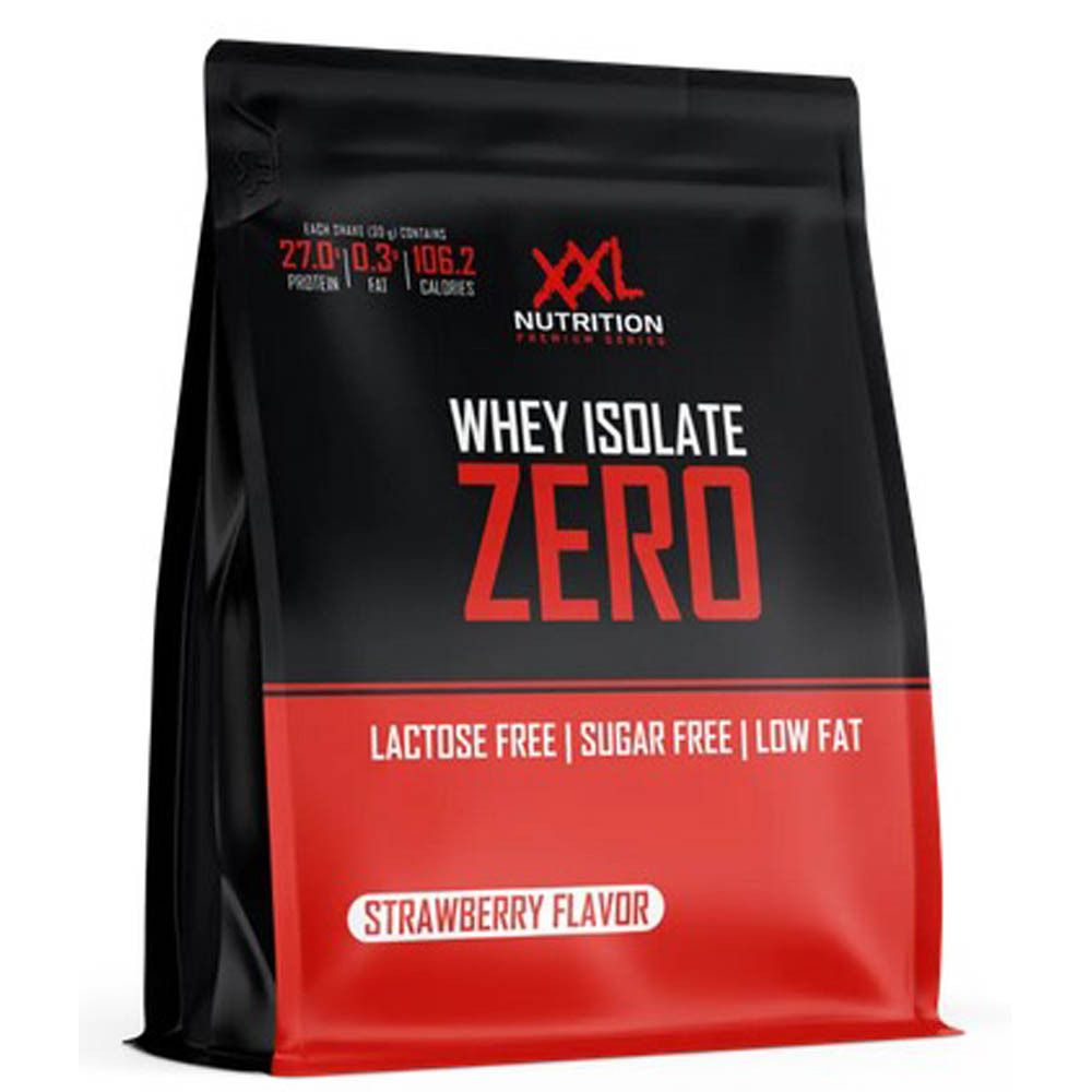 Sachet noir et rouge. Whey Isolate Zero, saveur fraise. Informations nutritionnelles : protéines, matières grasses, calories.
