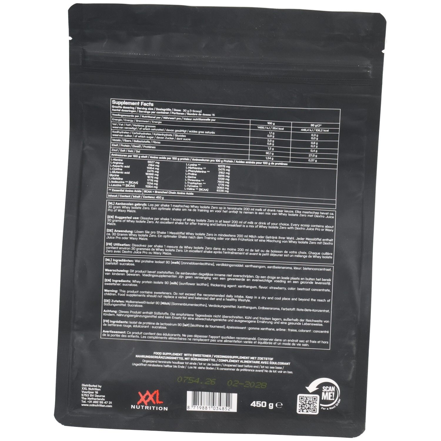 Dos du sachet noir. Informations nutritionnelles, liste des ingrédients et autres informations. Logo XXL Nutrition et code QR.