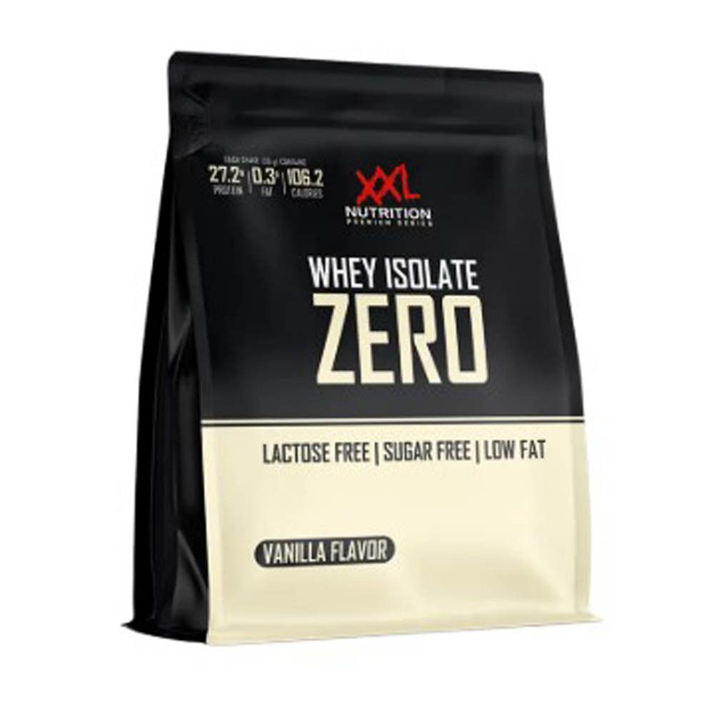 Sachet XXL Nutrition Whey Isolate Zero. Contient 27,2g protéines, 0,3g matières grasses, 106,2 calories. Sans lactose, sans sucre, faible en gras. Vanille.