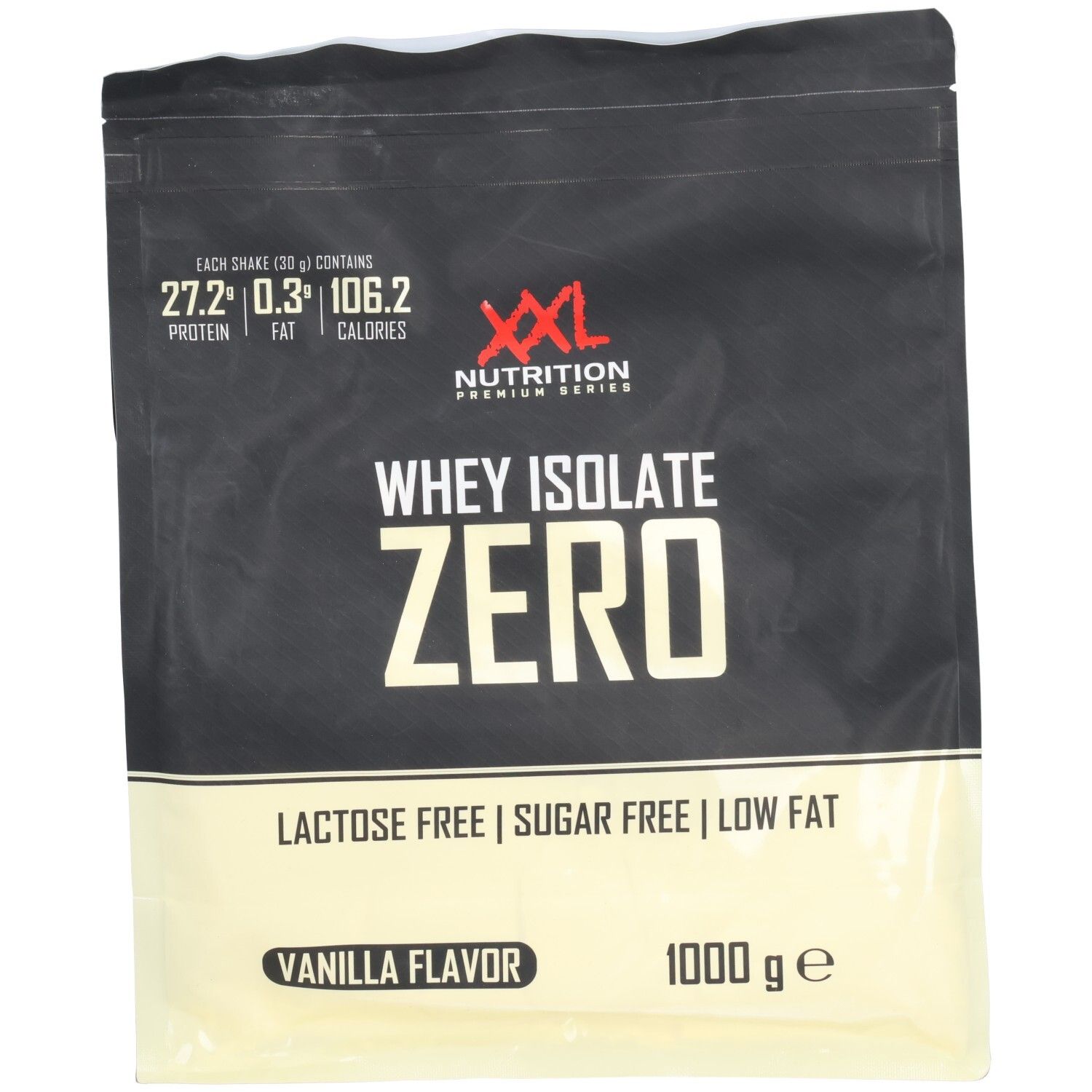 Sachet XXL Nutrition Whey Isolate Zero. Contient 27,2g protéines, 0,3g matières grasses, 106,2 calories. Sans lactose, sans sucre, faible en gras. Vanille, 1000g.
