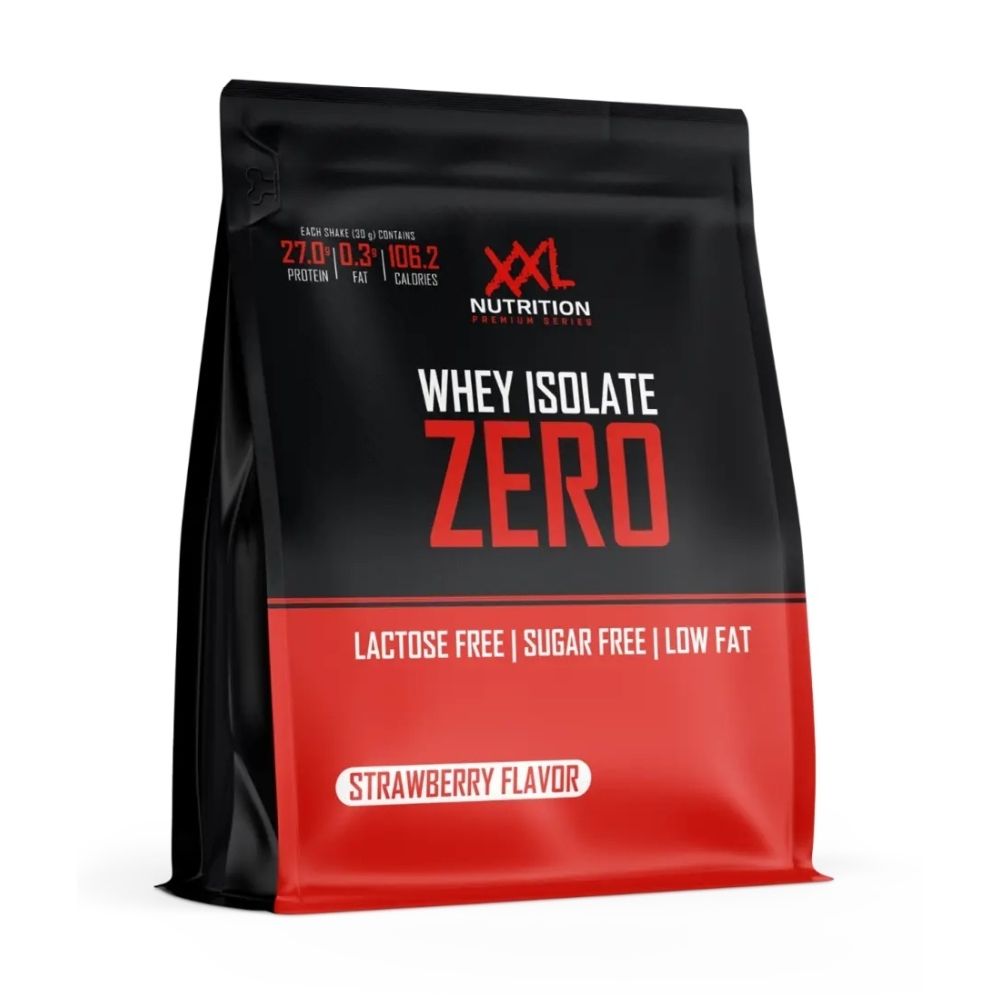 Sachet noir de Whey Isolate Zero. Contient 27g protéines, 0,3g matières grasses, 106,2 calories. Goût fraise. Sans lactose, sans sucre, faible en gras.