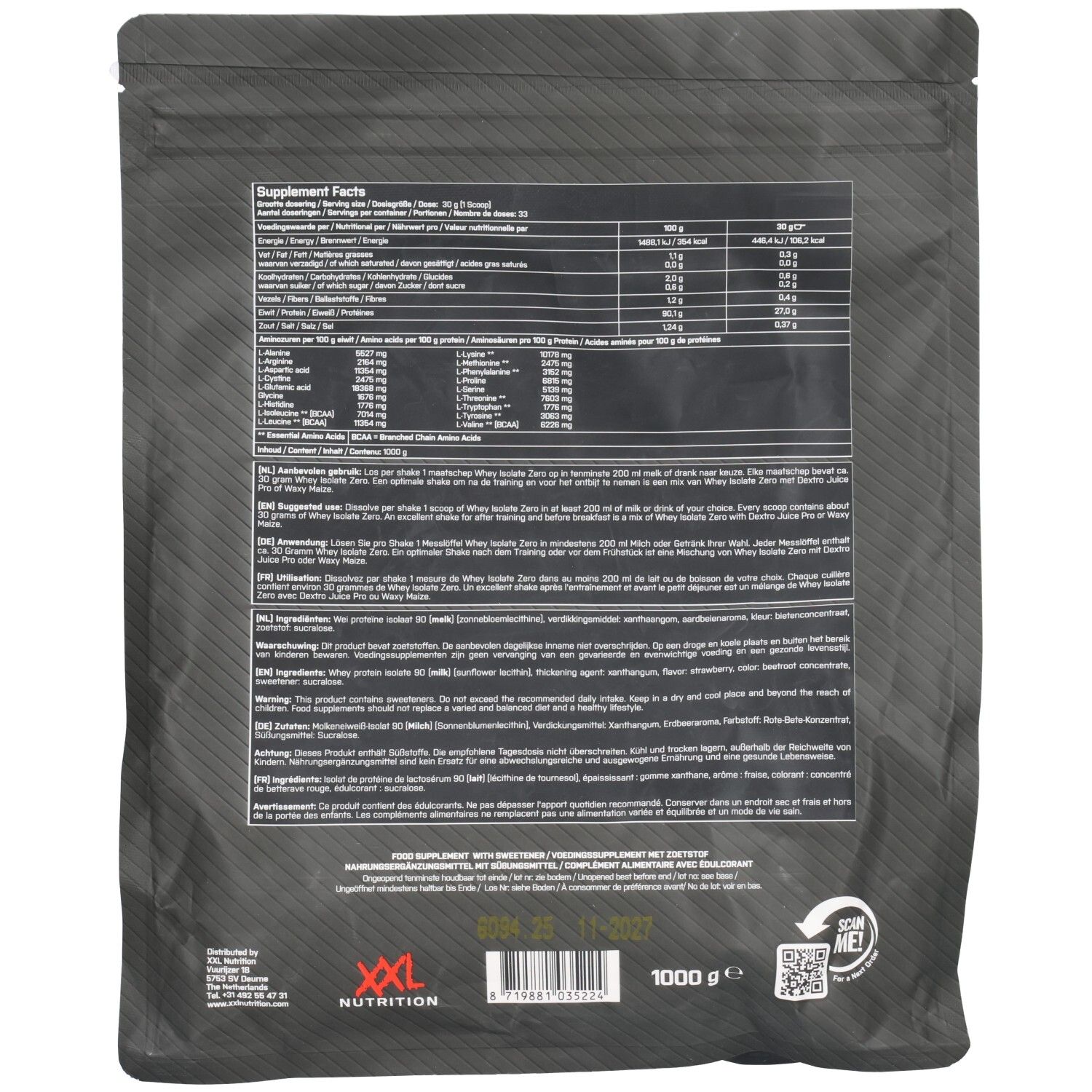 Dos du paquet de Whey Isolate Zero. Contient informations nutritionnelles, liste des ingrédients et code QR. 1000g. Logo XXL Nutrition.
