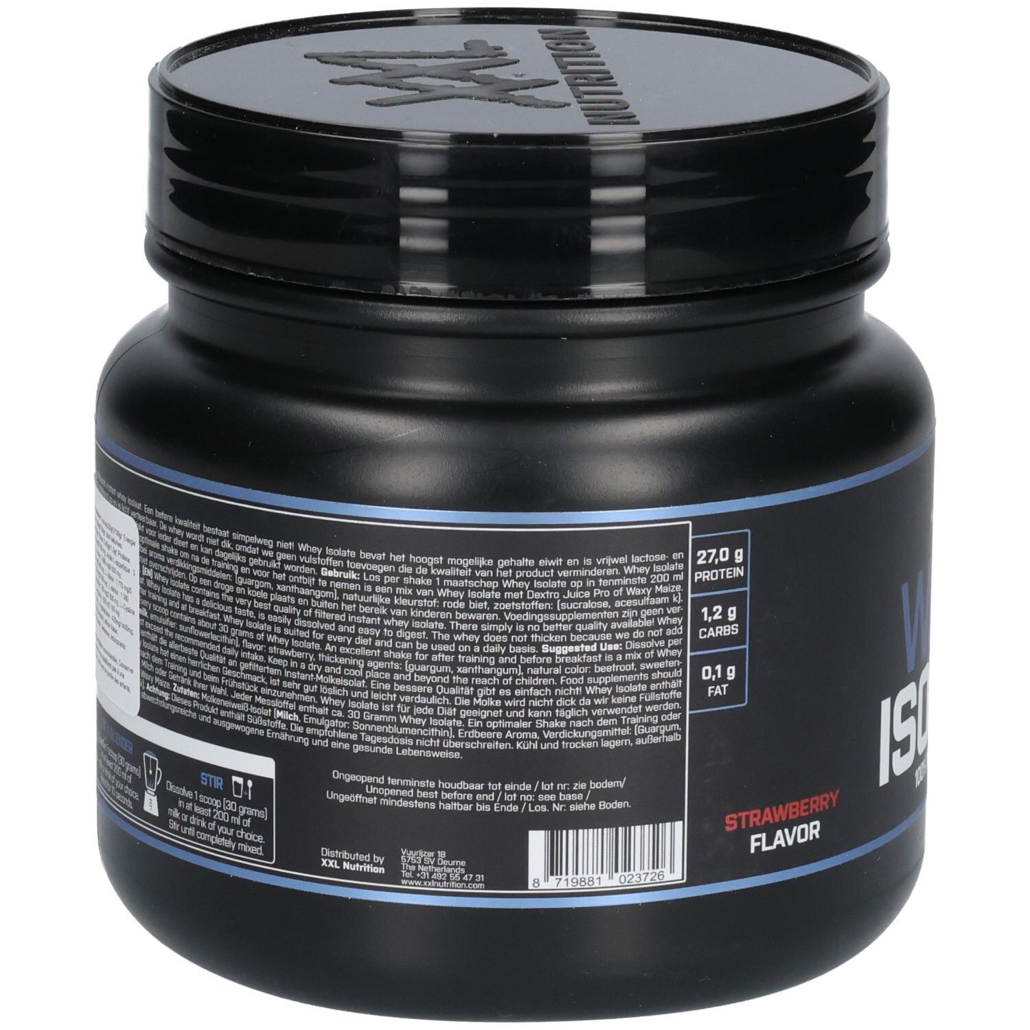 Dos du pot noir. Texte en plusieurs langues. Informations nutritionnelles et ingrédients. Code-barres.