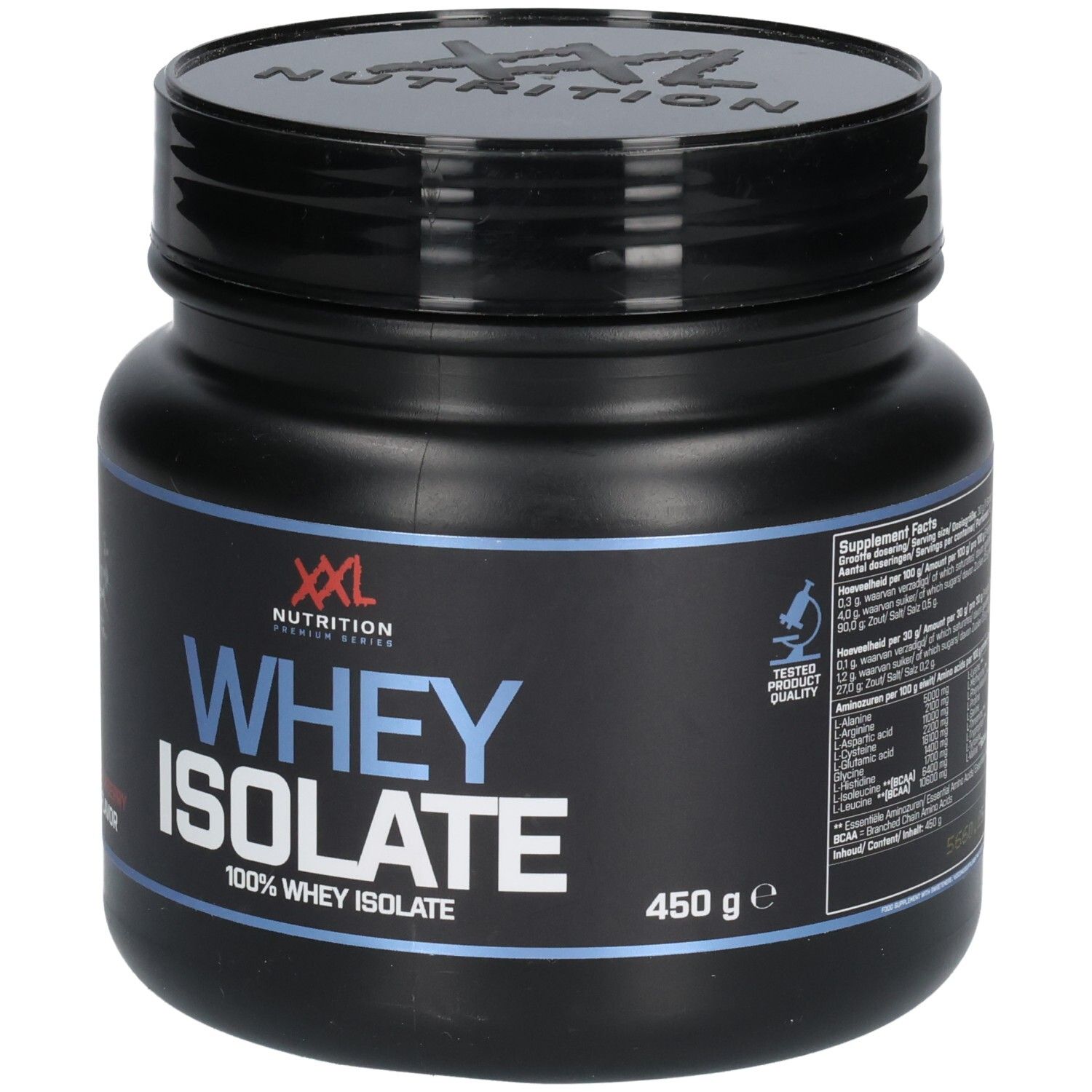 Pot noir avec couvercle. Inscription: XXL Nutrition Whey Isolate, 450g. Détails bleus et blancs. Label de qualité.