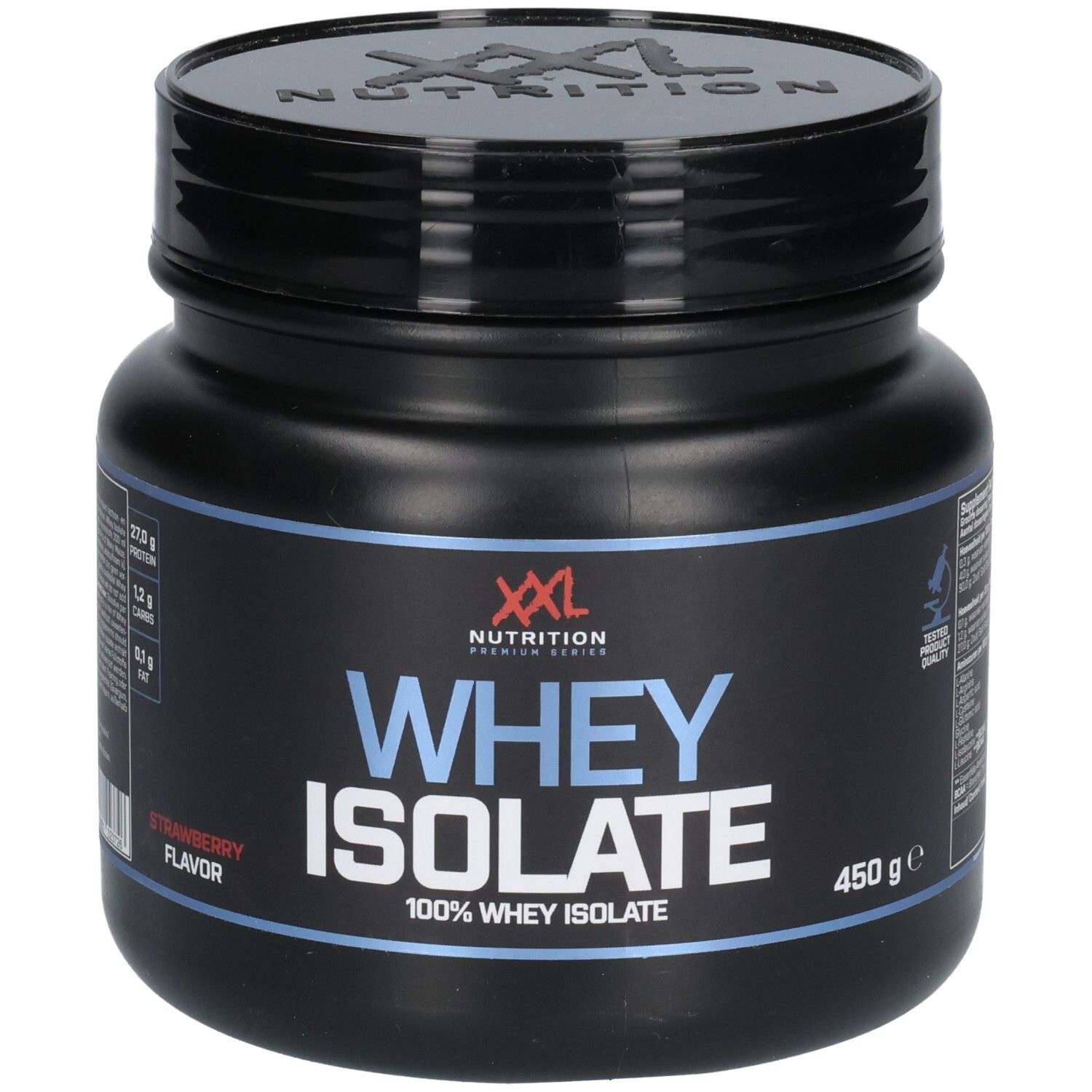 Pot noir avec couvercle. Inscription: XXL Nutrition Whey Isolate, saveur fraise, 450g. Détails bleus et blancs.