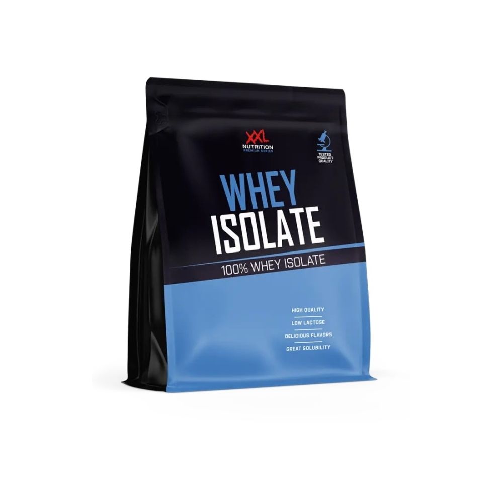 Sachet de Whey Isolate en biais. Emballage bleu et noir avec nom et logo du produit. Contient 100% Whey Isolate.
